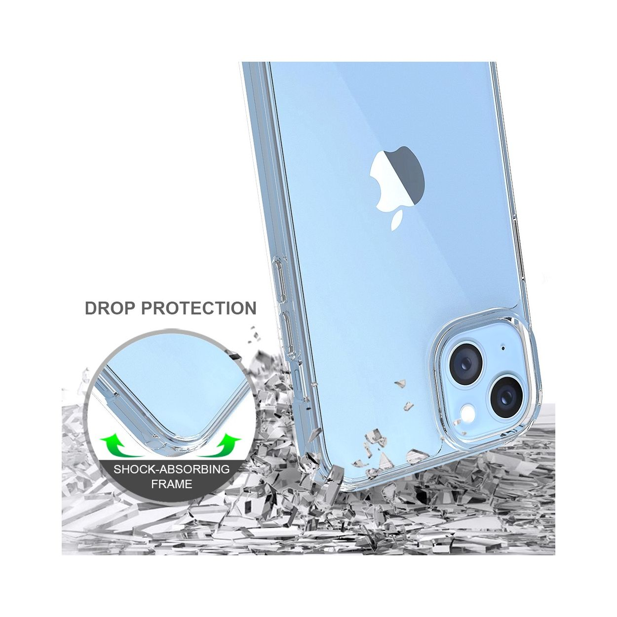 Un telefono in una custodia trasparente con caratteristiche di protezione dalle cadute.