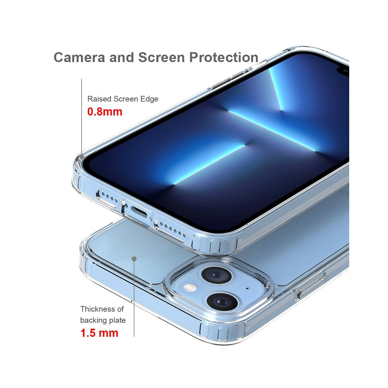 Due custodie per telefono, che mostrano i dettagli della protezione della fotocamera e dello schermo, contro il bianco.