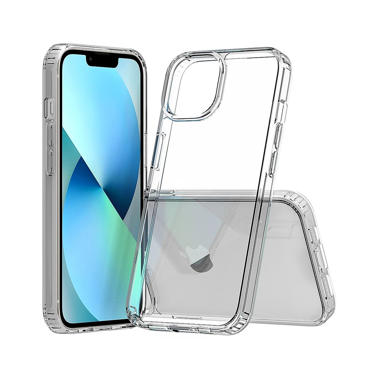 Una custodia trasparente per telefono su un telefono. Il telefono mostra uno sfondo blu e bianco.