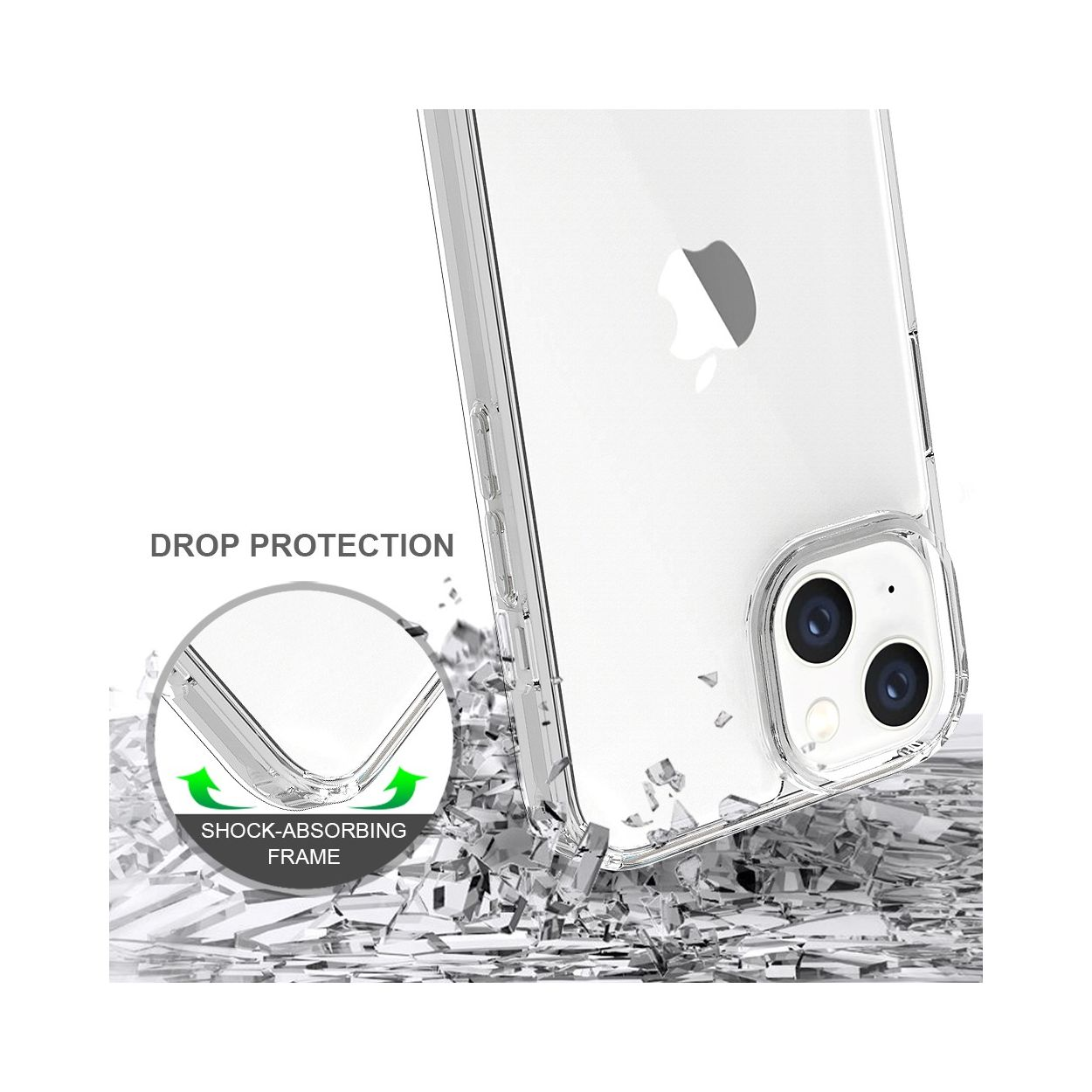 Custodia trasparente per telefono su vetro rotto con testo: Drop Protection, Shock-Absorbing Frame.