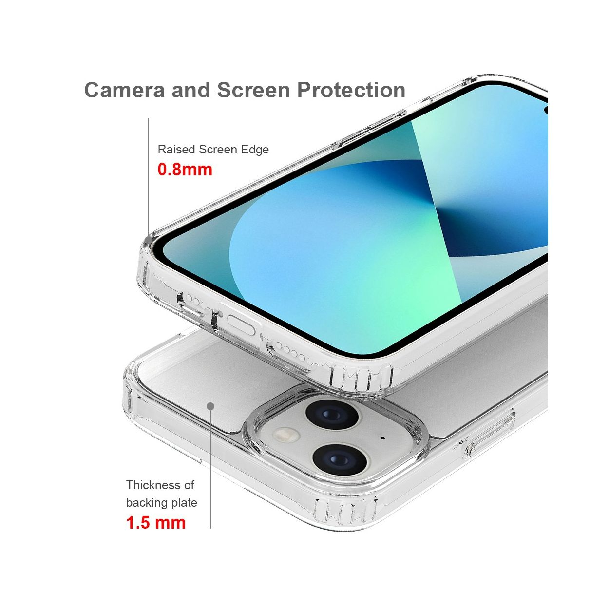 Custodia trasparente con bordi rialzati. Testo: protezione fotocamera e schermo. Spessore della piastra posteriore 1,5 mm.