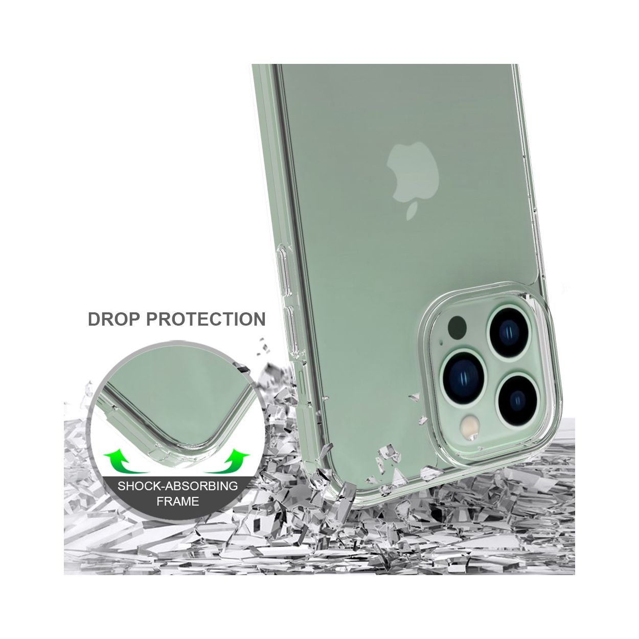 Custodia per telefono con retro trasparente e lati verdi. Protegge un telefono, con testo grafico.