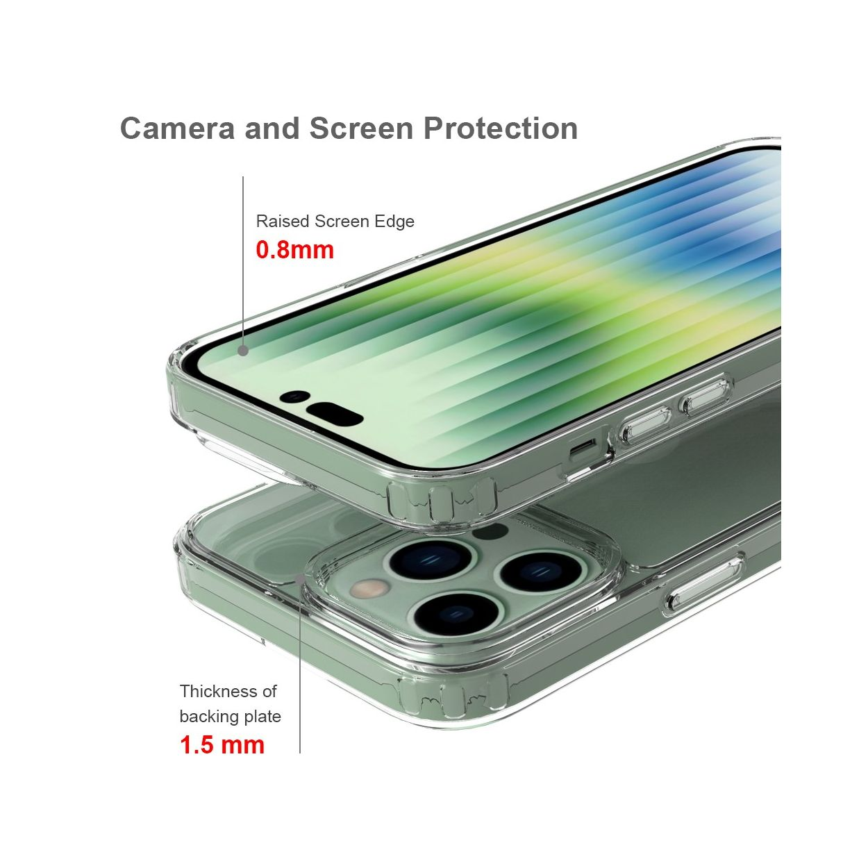 Una custodia trasparente per telefono su un telefono. La custodia ha un bordo rialzato e protegge la fotocamera e lo schermo.