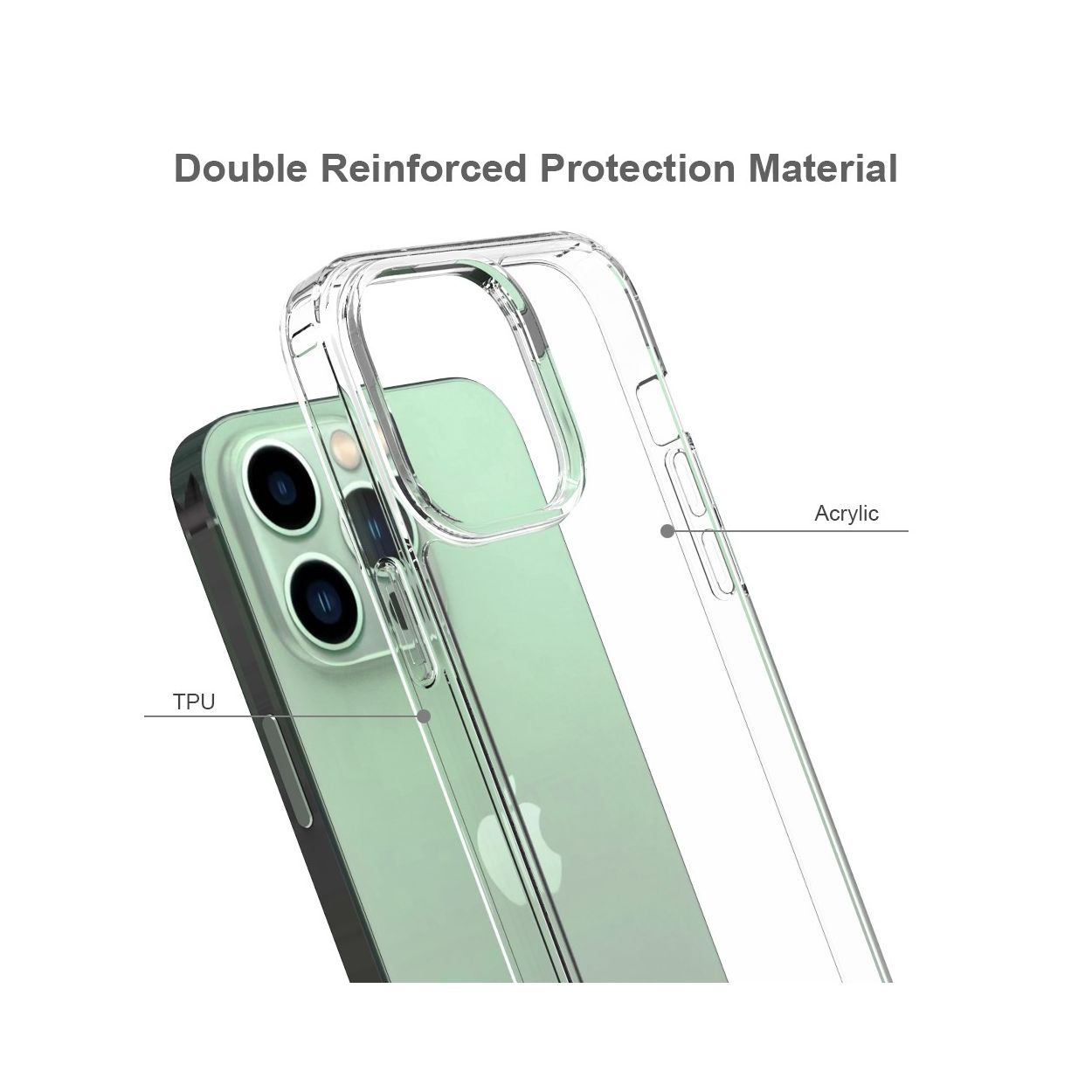 Una custodia trasparente per telefono con un telefono verde all'interno, la custodia ha materiali acrilici e TPU.