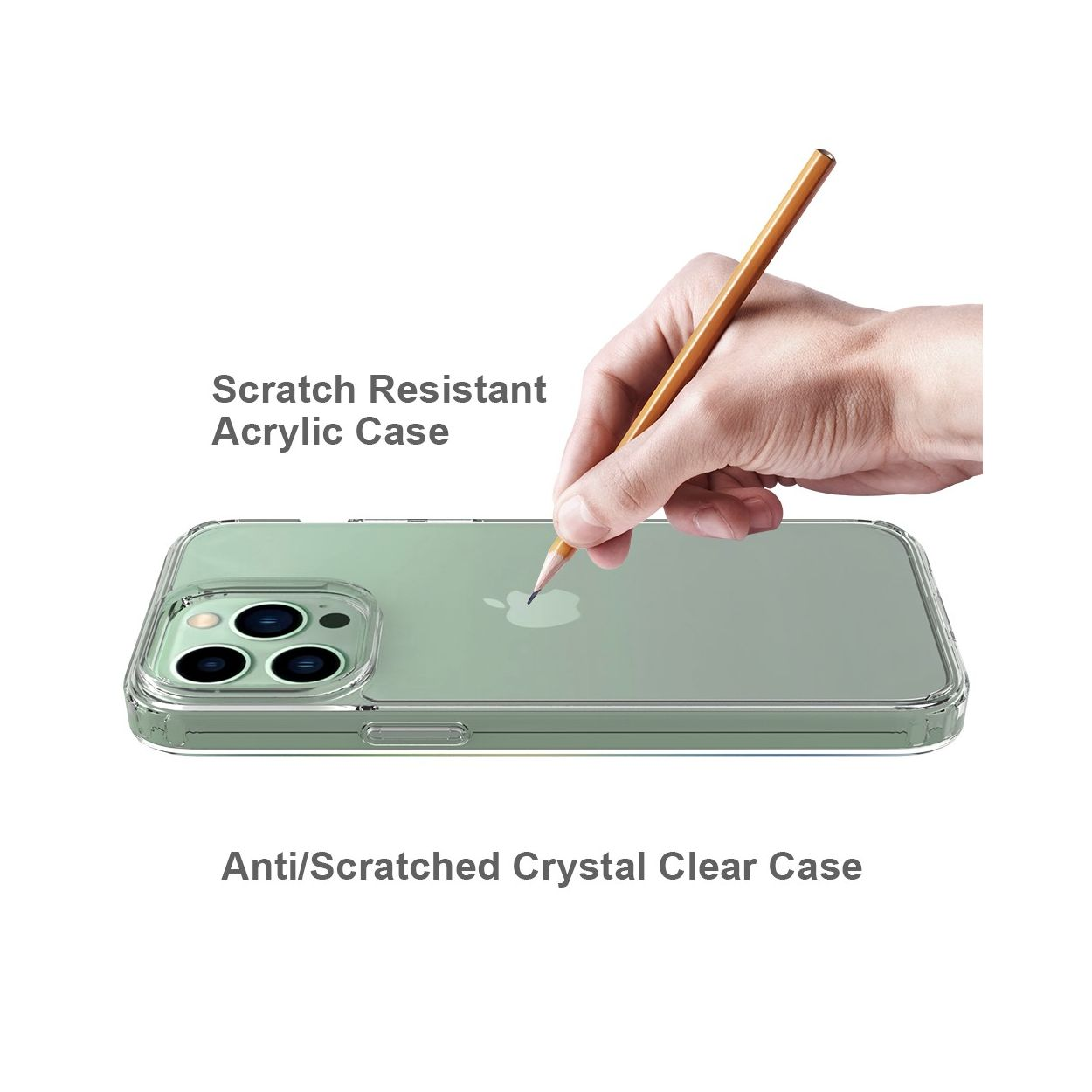 Custodia trasparente con una matita che indica il telefono. Testo: Scratch Resistant Acrylic Case.