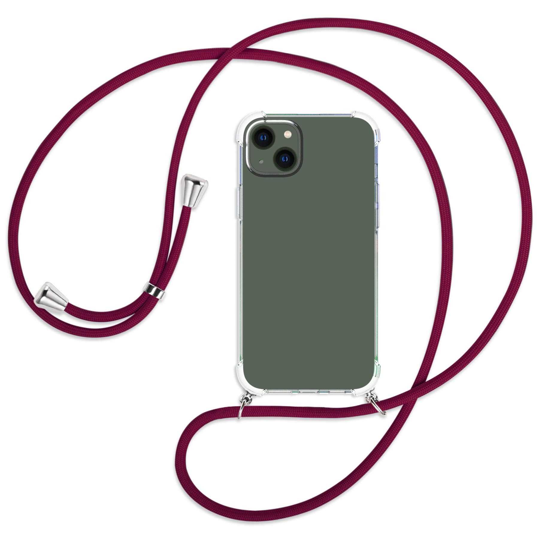 iPhone mit Kordel, Backcover, silber ENERGY / 14 Plus, Apple, MORE Dunkelrot Umhänge-Hülle MTB