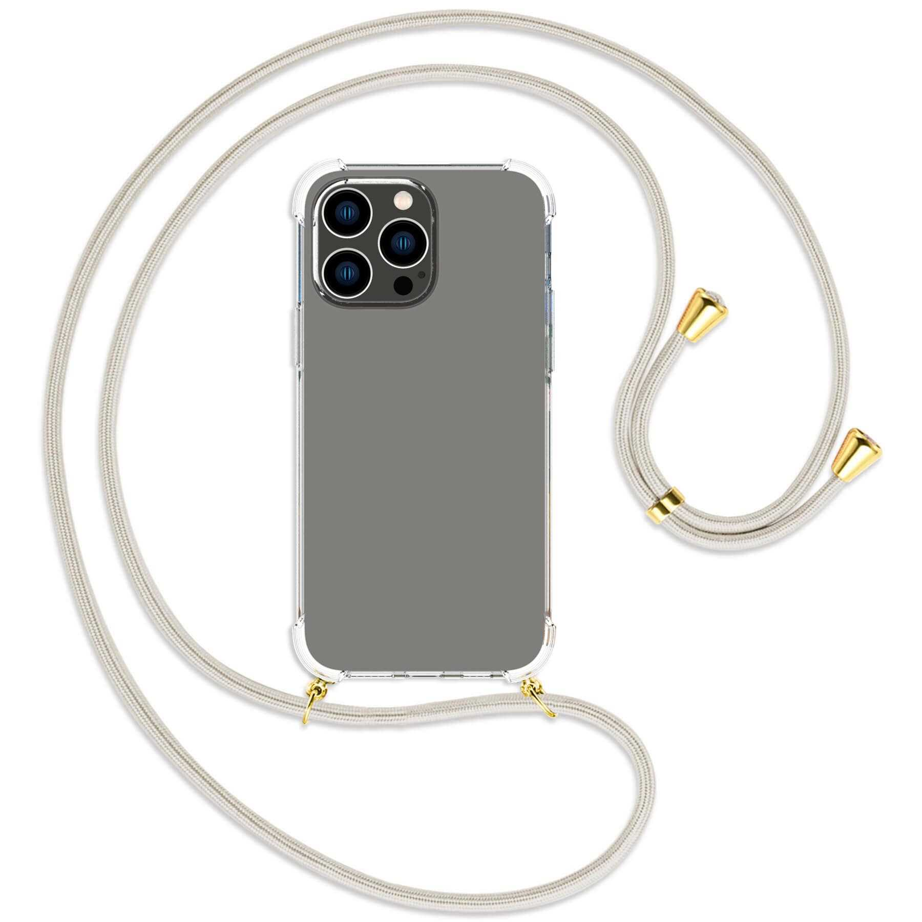 MTB MORE ENERGY Umhänge-Hülle mit iPhone 14 Backcover, Apple, Broken Kordel, gold Pro / Max, White
