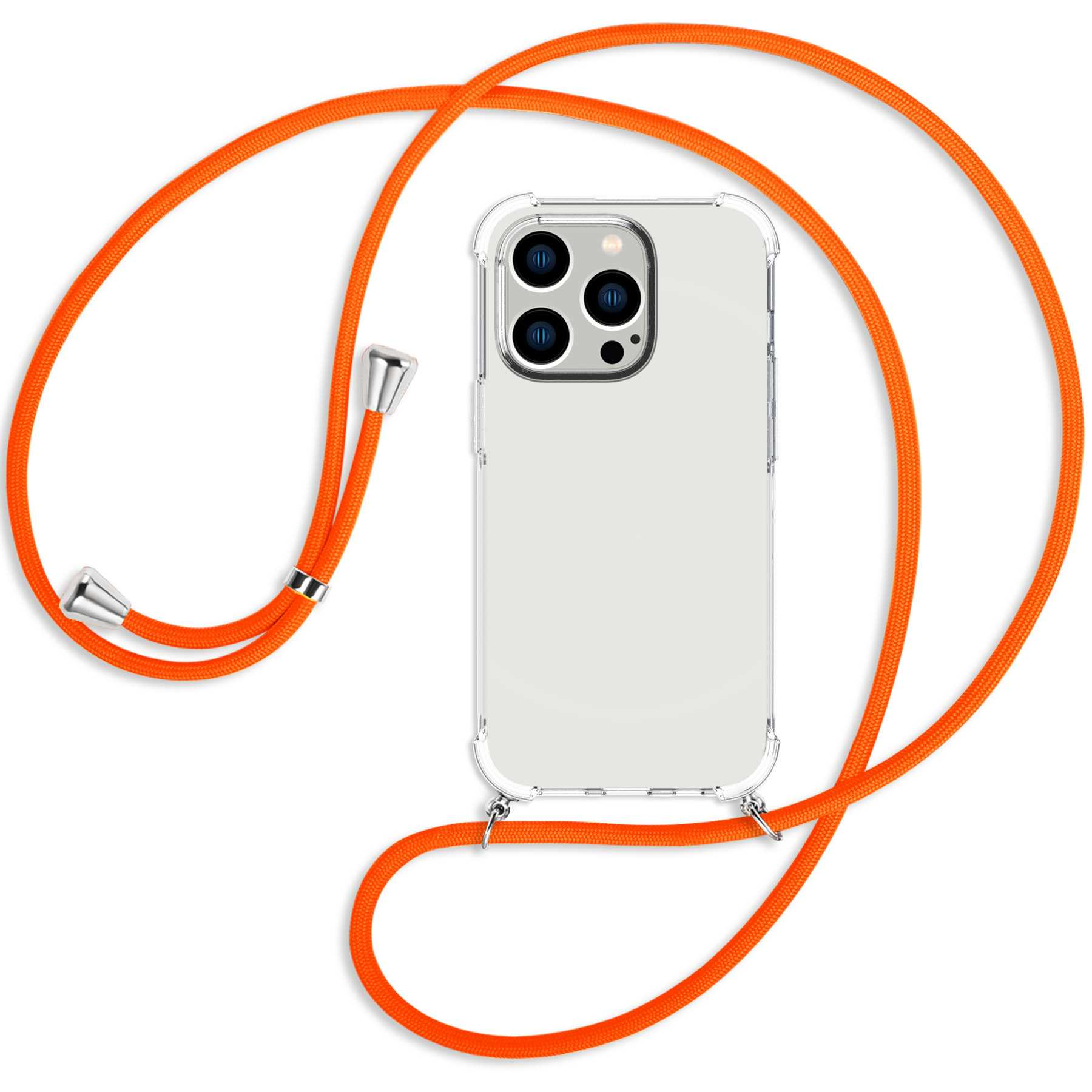 Pro, Neon / iPhone Apple, Backcover, MTB ENERGY MORE Umhänge-Hülle silber Orange Kordel, mit 14