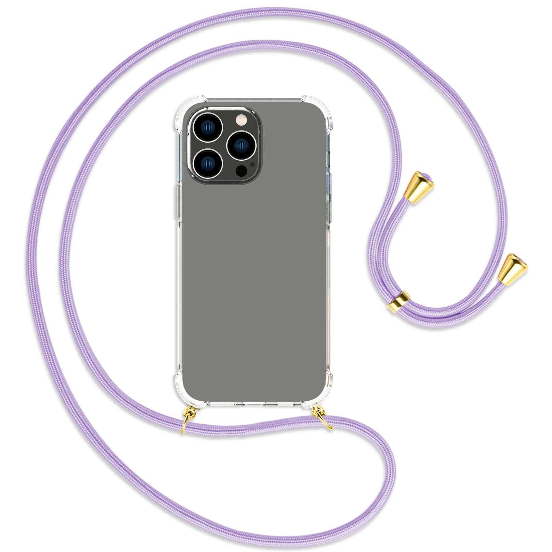MTB MORE ENERGY Umhänge-Hülle mit Apple, Pro Backcover, Flieder Kordel, iPhone / gold Max, 14