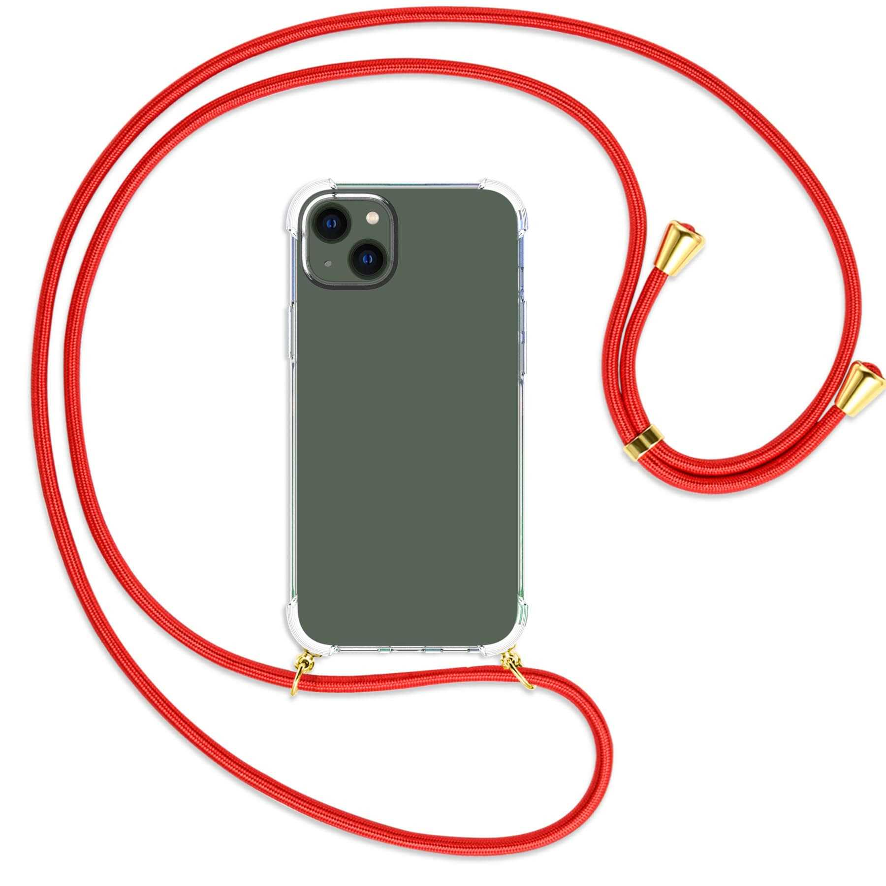 MTB MORE ENERGY Umhänge-Hülle mit Apple, Backcover, gold Kordel, 14 iPhone / Rot Plus
