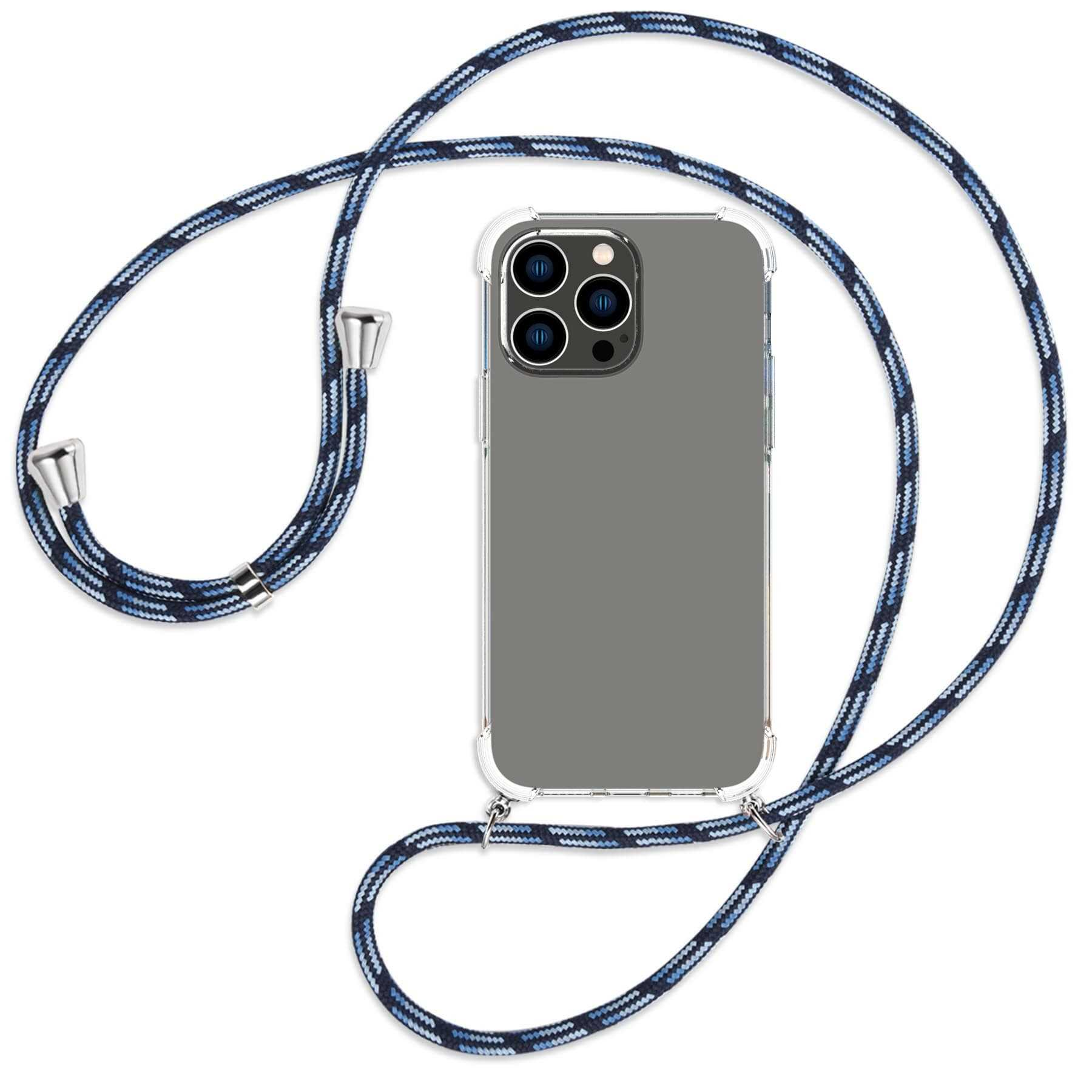 iPhone mit Max, Kordel, silber Apple, Pro MTB ENERGY Backcover, 14 Blau / Umhänge-Hülle gestreift MORE