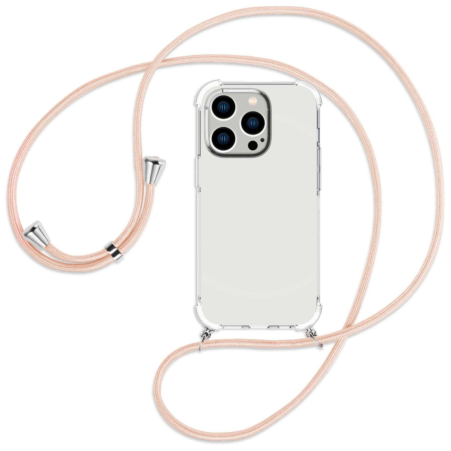 MTB MORE ENERGY Rose 14 Kordel, peach iPhone Umhänge-Hülle / Pro, Apple, mit silber Backcover