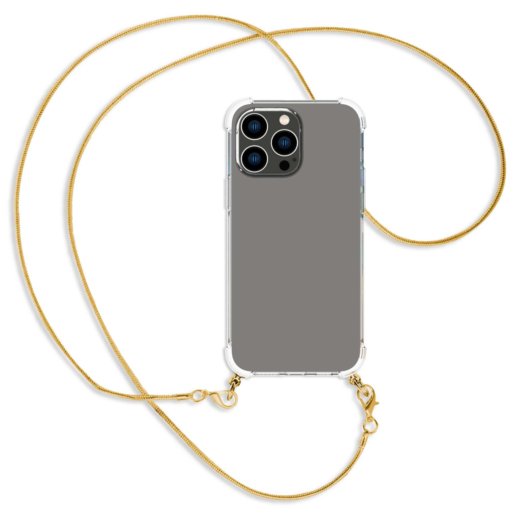 MTB MORE ENERGY 14 mit Max, Snake Apple, Pro Backcover, (gold) Kette Umhänge-Hülle Metallkette, iPhone