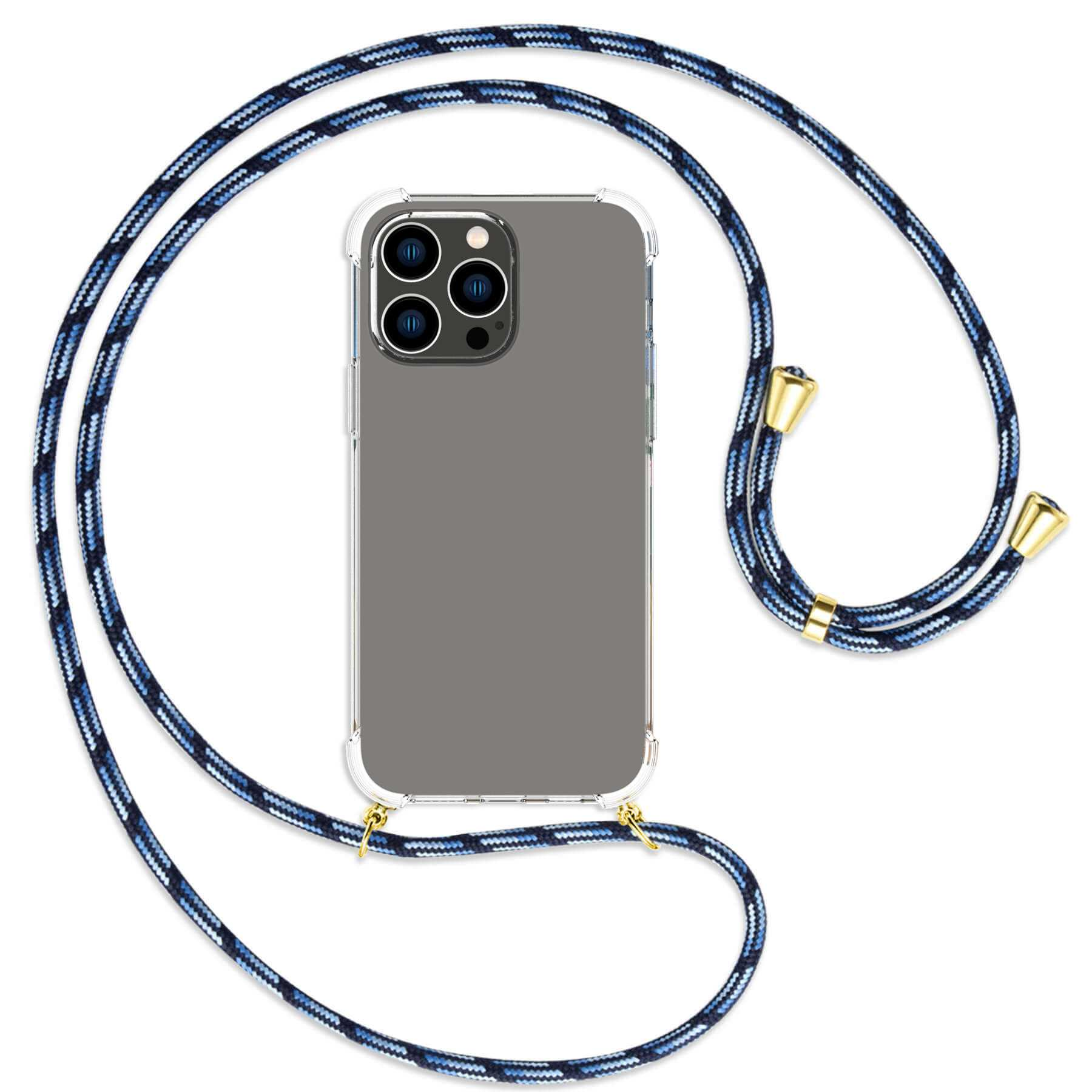 MORE gold iPhone Blau Kordel, mit ENERGY 14 gestreift Max, MTB Backcover, Pro / Apple, Umhänge-Hülle