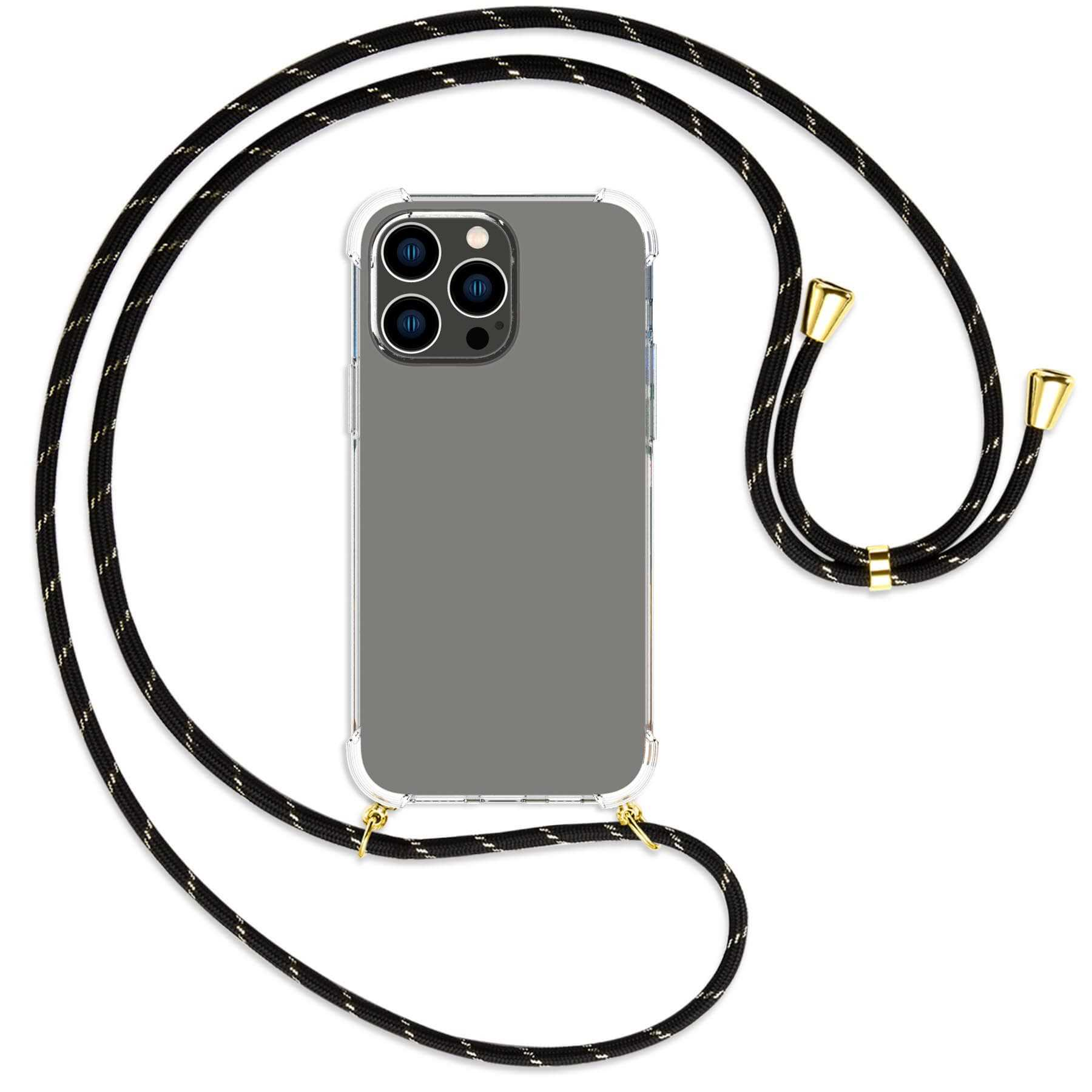 14 / Umhänge-Hülle MORE ENERGY Max, Kordel, gold iPhone Backcover, Apple, Pro MTB mit Schwarz+Gold