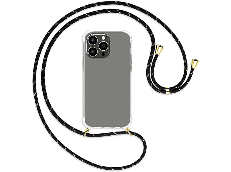 14 / Umhänge-Hülle MORE ENERGY Max, Kordel, gold iPhone Backcover, Apple, Pro MTB mit Schwarz+Gold