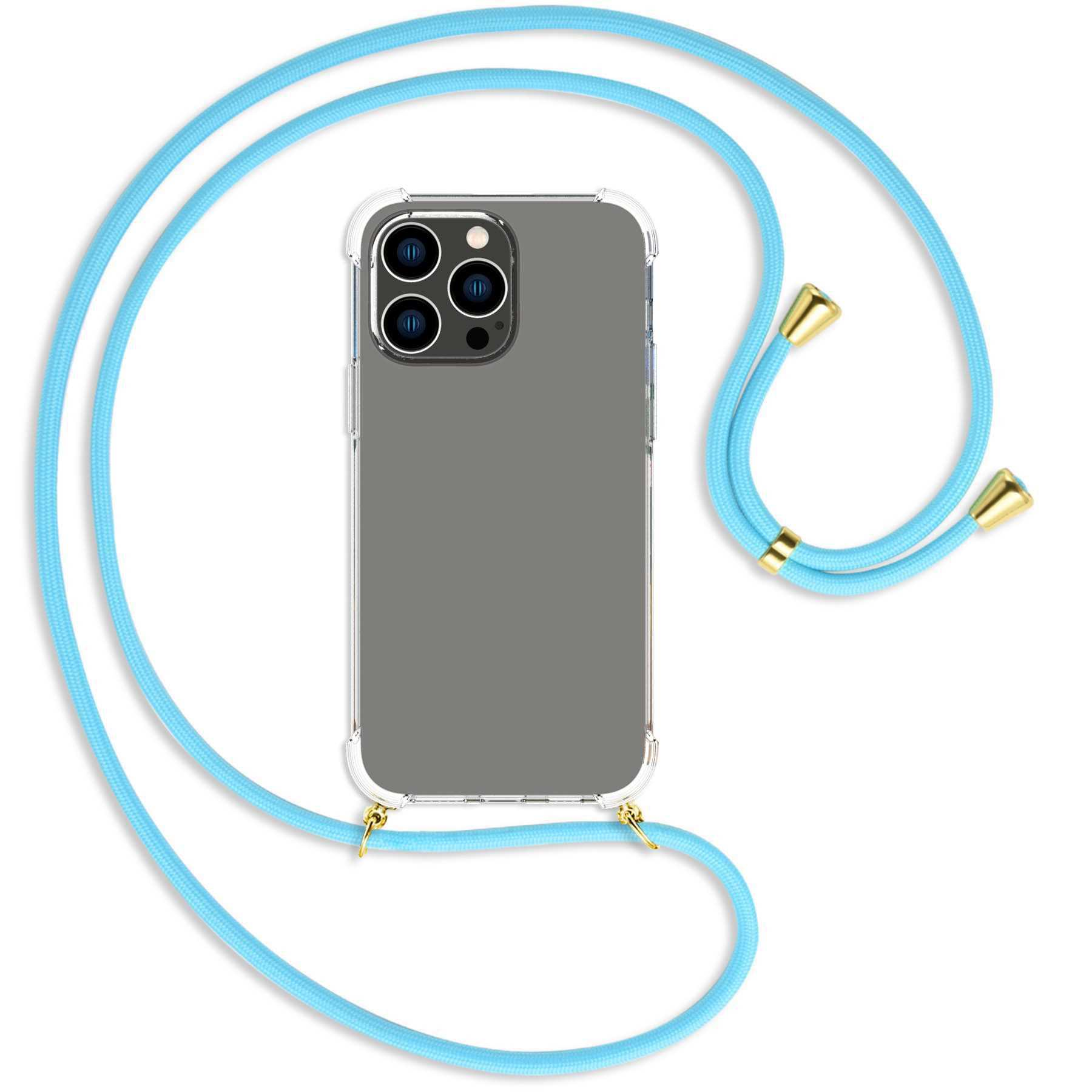 MTB MORE ENERGY Umhänge-Hülle 14 Apple, iPhone Pro Max, Backcover, Himmelblau gold / mit Kordel