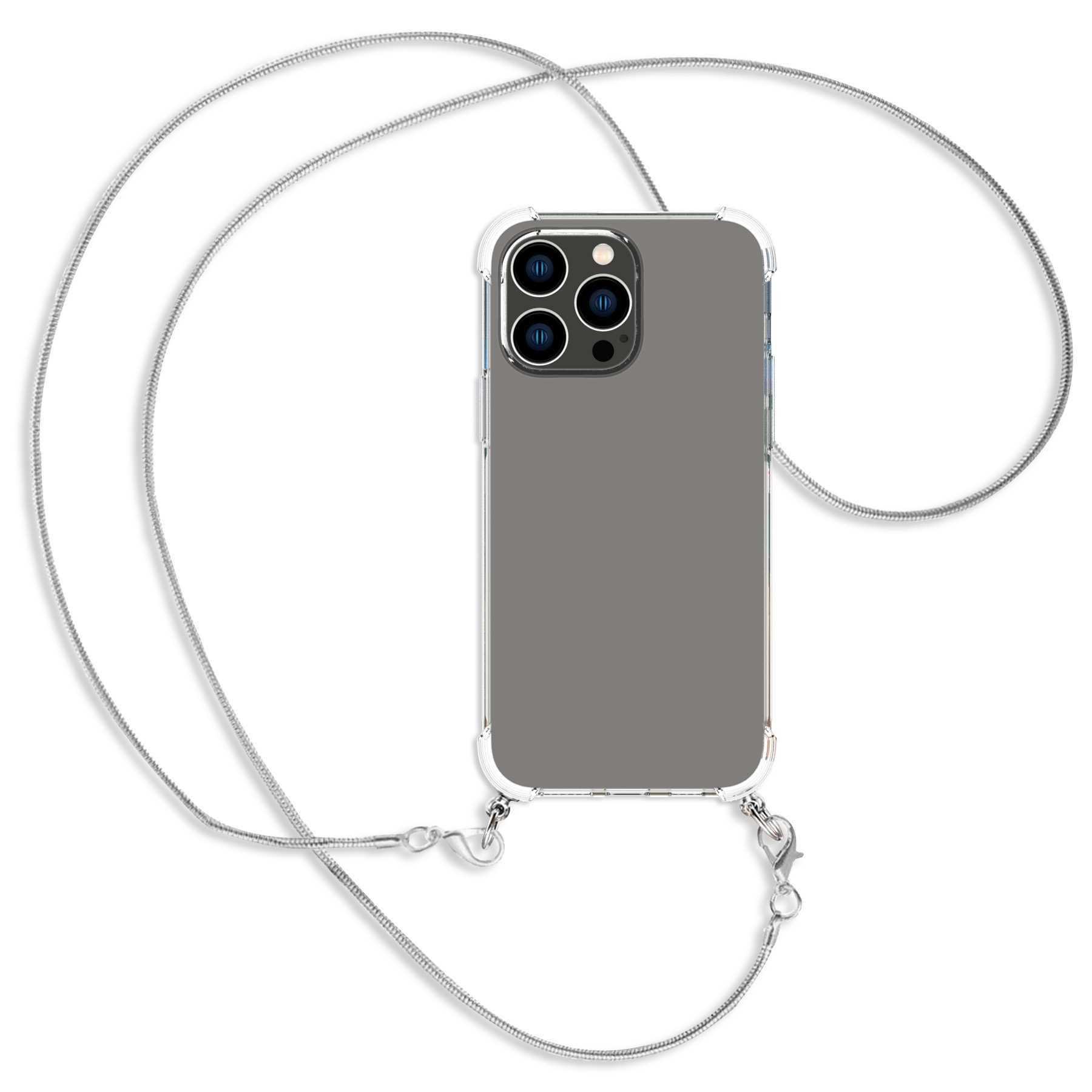 MTB MORE Pro Backcover, Apple, Umhänge-Hülle mit Kette (silber) Snake ENERGY 14 iPhone Max, Metallkette