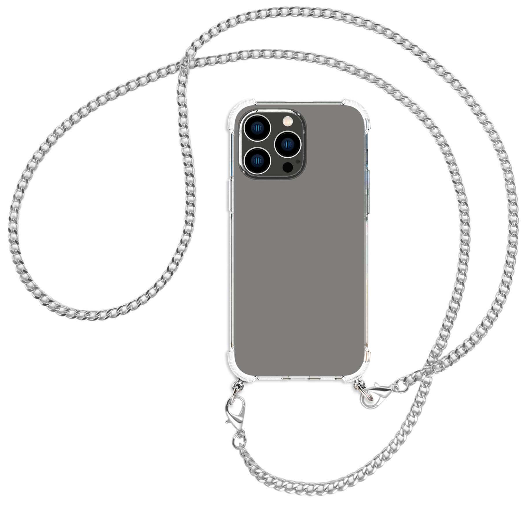 MORE ENERGY Pro Metallkette, Backcover, 14 iPhone Max, Umhänge-Hülle (silber) mit MTB Apple, Kette