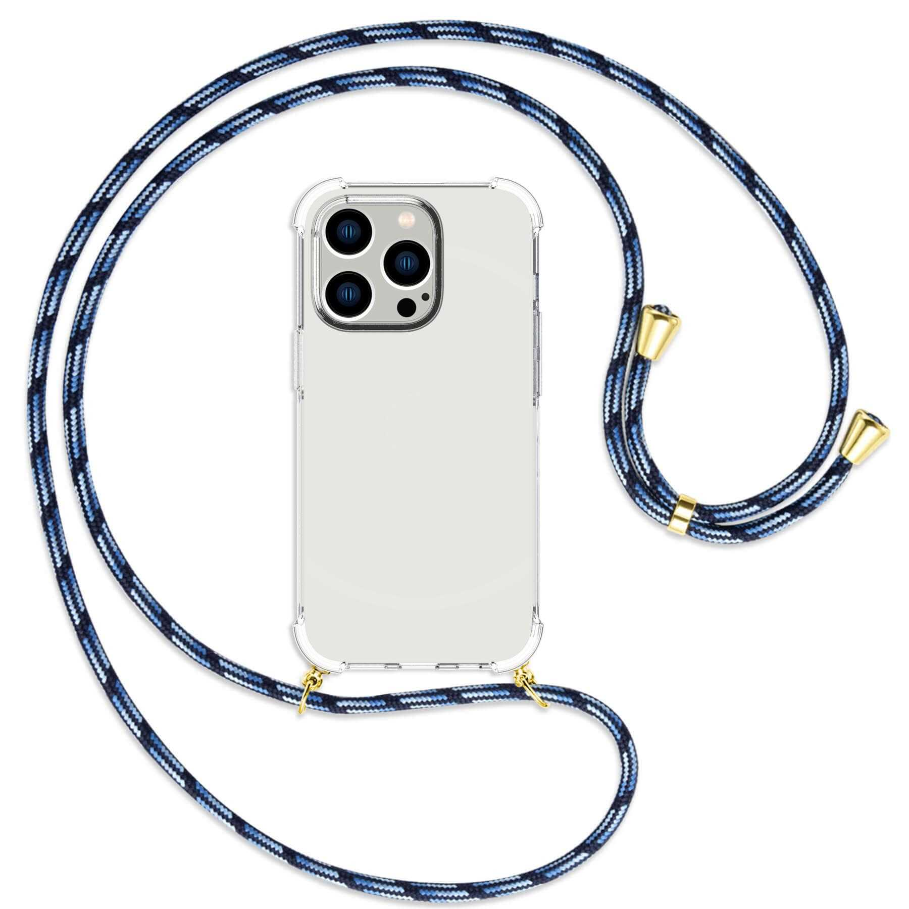 gestreift iPhone Backcover, Apple, MORE ENERGY gold Blau 14 mit / Kordel, Umhänge-Hülle MTB Pro,