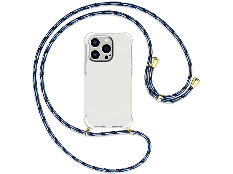 ENERGY MORE 14 Apple, gestreift Umhänge-Hülle / Backcover, gold iPhone Blau MTB mit Kordel, Pro,