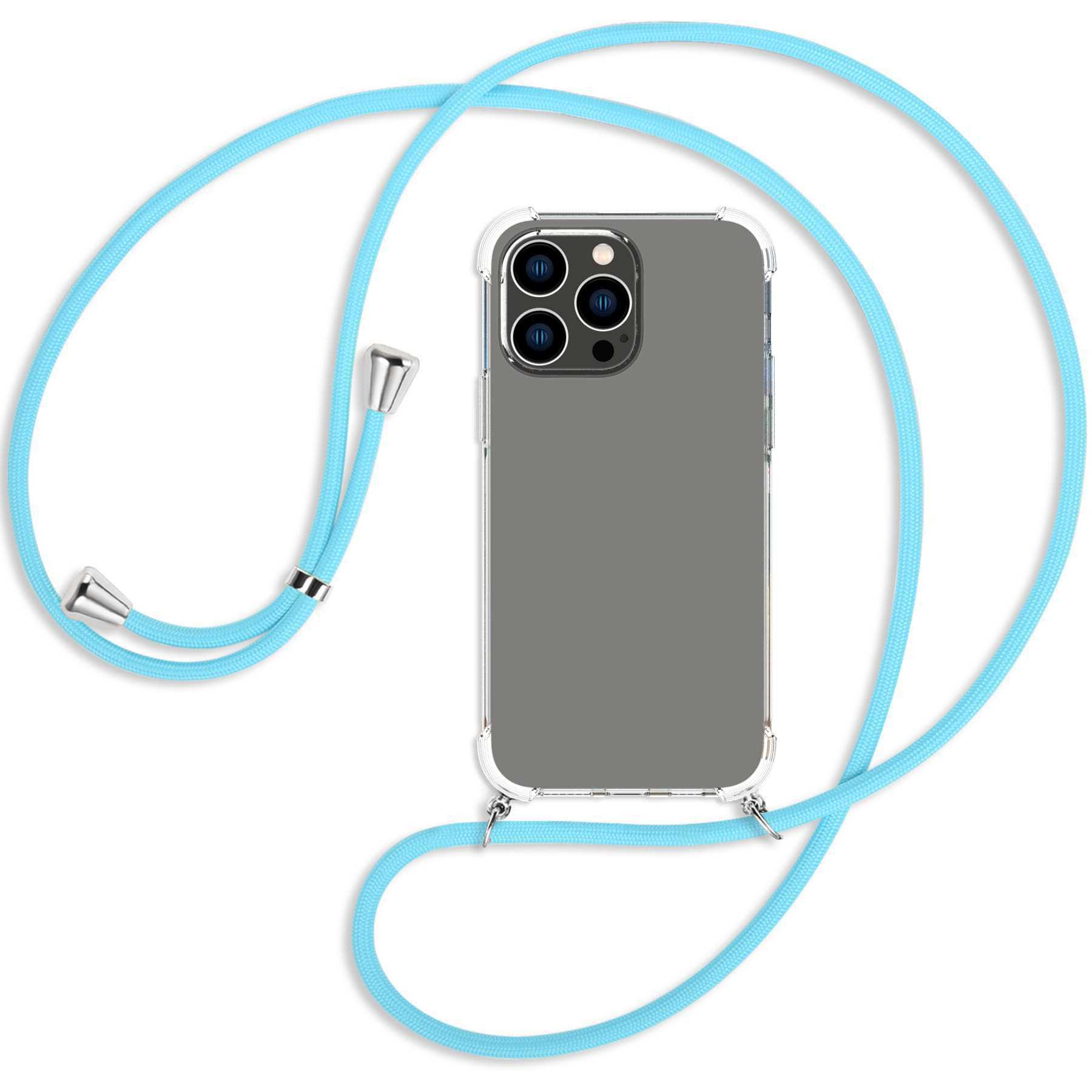 MTB MORE ENERGY Umhänge-Hülle mit / silber Kordel, Max, Pro iPhone 14 Himmelblau Backcover, Apple