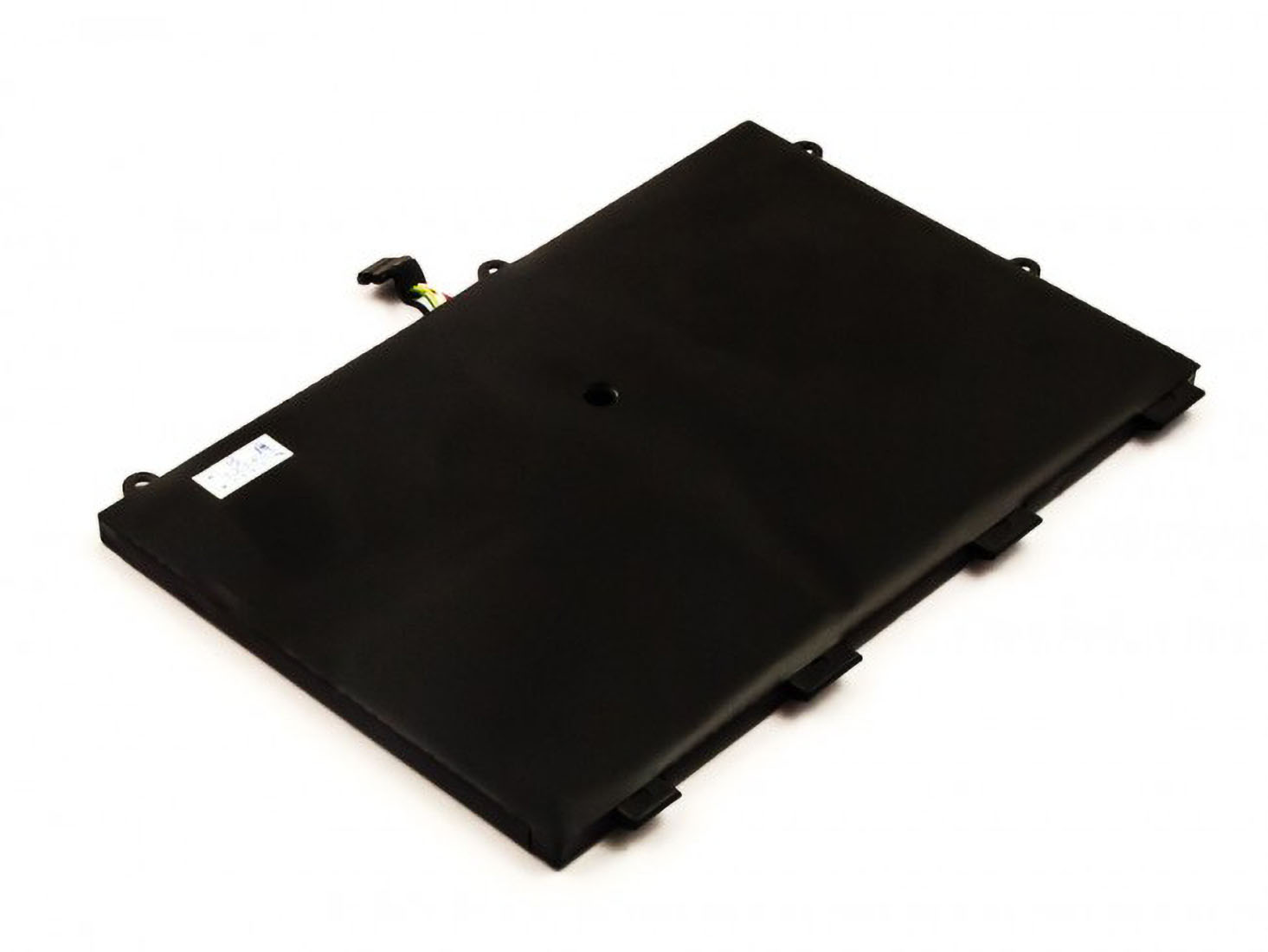 Ein schwarzer Laptop-Akku auf weißem Hintergrund. Der Akku ist rechteckig und hat ein Etikett.