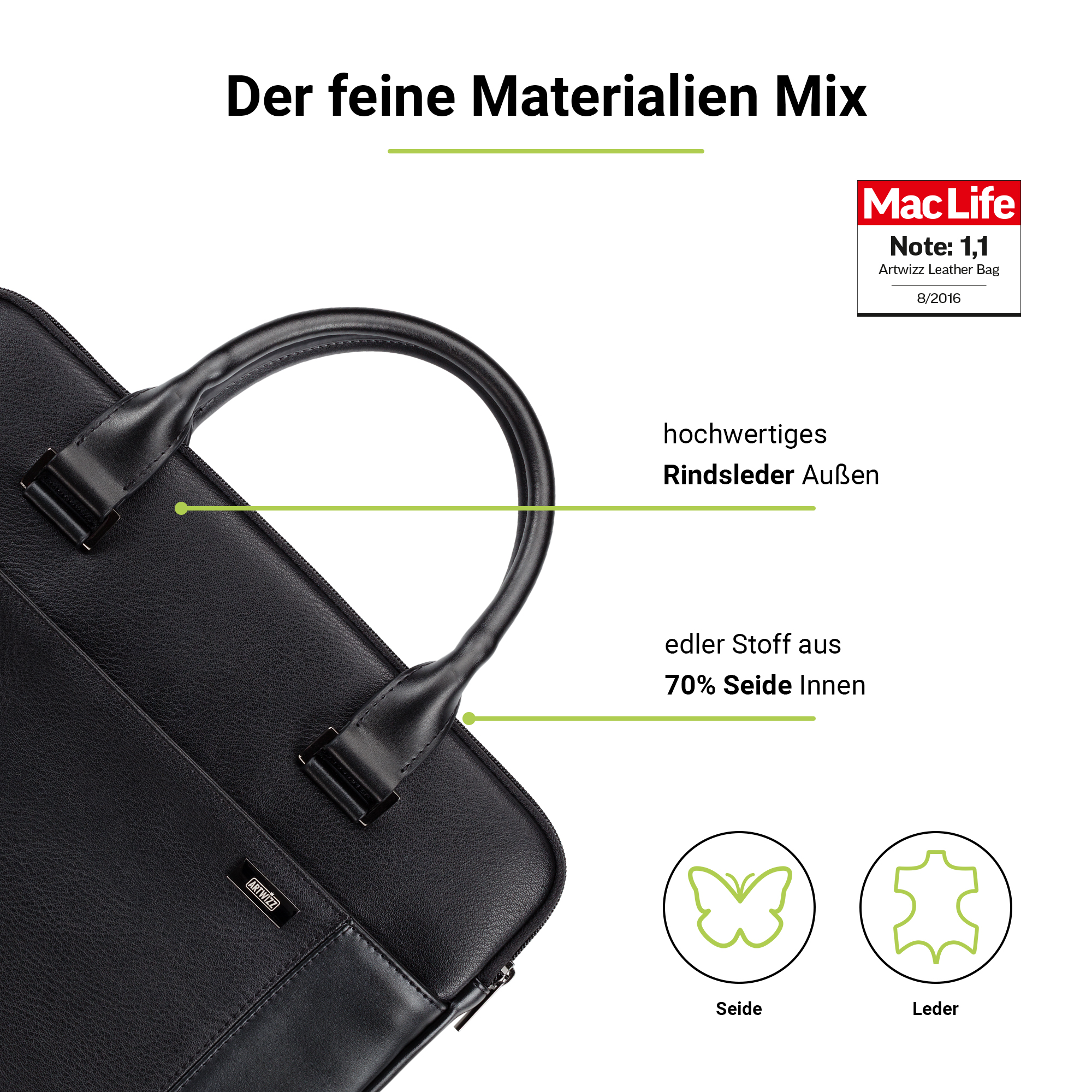 ARTWIZZ Leather Bag für 15 Schwarz 16 Tasche Aktentasche Leder, / Notebook Apple Zoll für