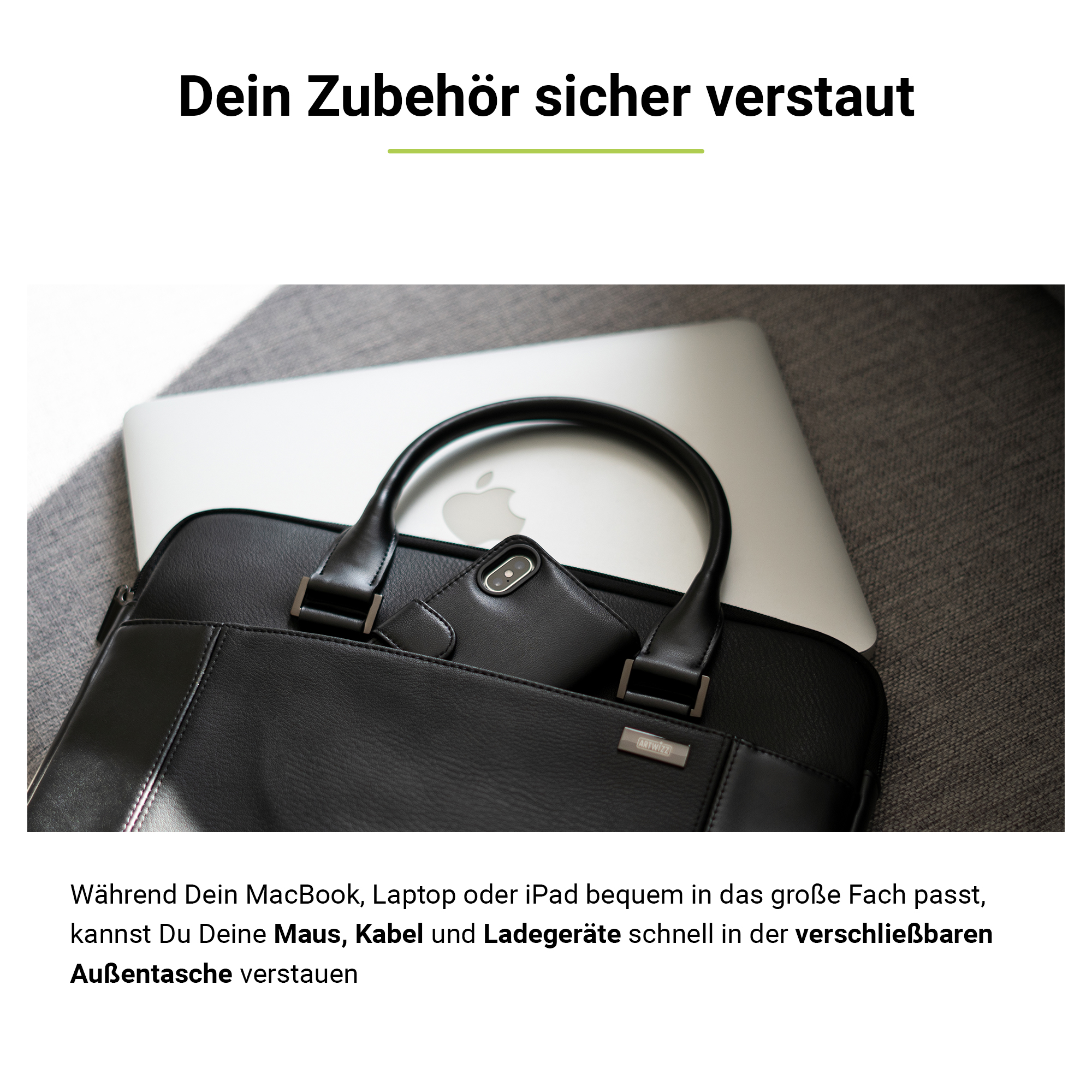 ARTWIZZ Leather / Bag 16 Schwarz Leder, Aktentasche für Tasche Notebook 15 Zoll für Apple