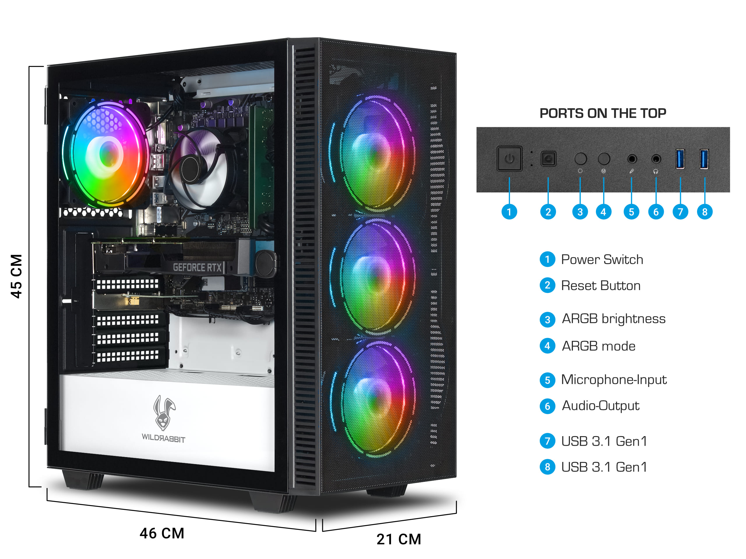 Una torre de computadora con componentes internos, con puertos etiquetados en la parte superior y dimensiones.