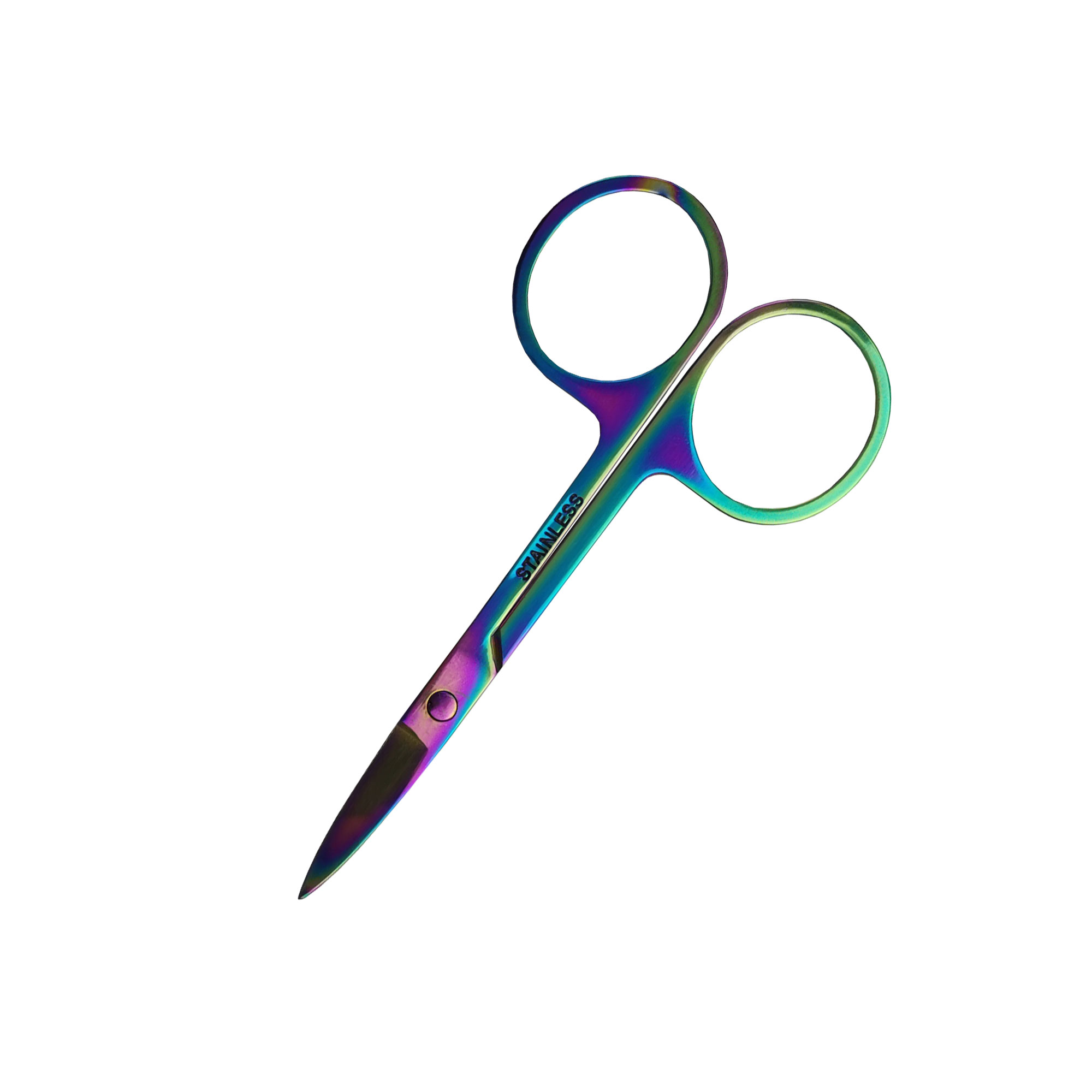 Regenbogenfarbene Schere auf Weiß. Die Schere hat zwei Fingerlöcher und scharfe Klingen.