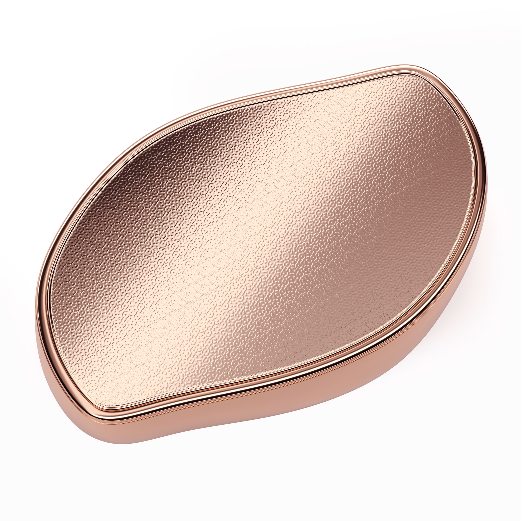 Roségoldfarbenes, strukturiertes, oval geformtes Schönheitsprodukt mit gewölbtem Rand.