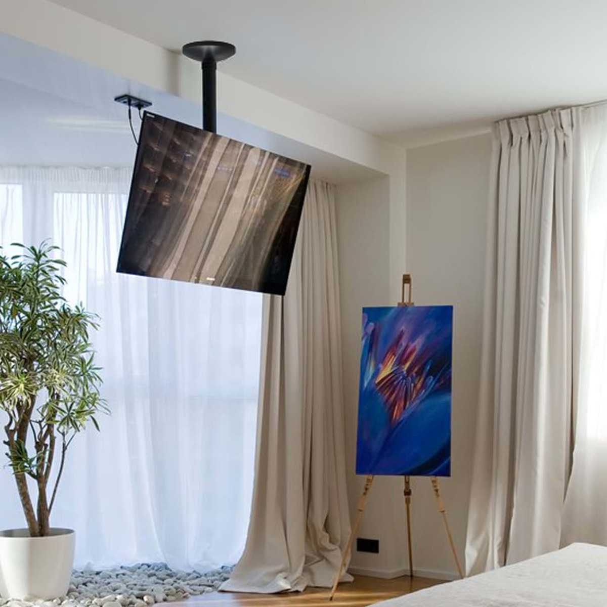 Chambre avec TV suspendue, art et rideaux. Plante en pot blanc près de la fenêtre.