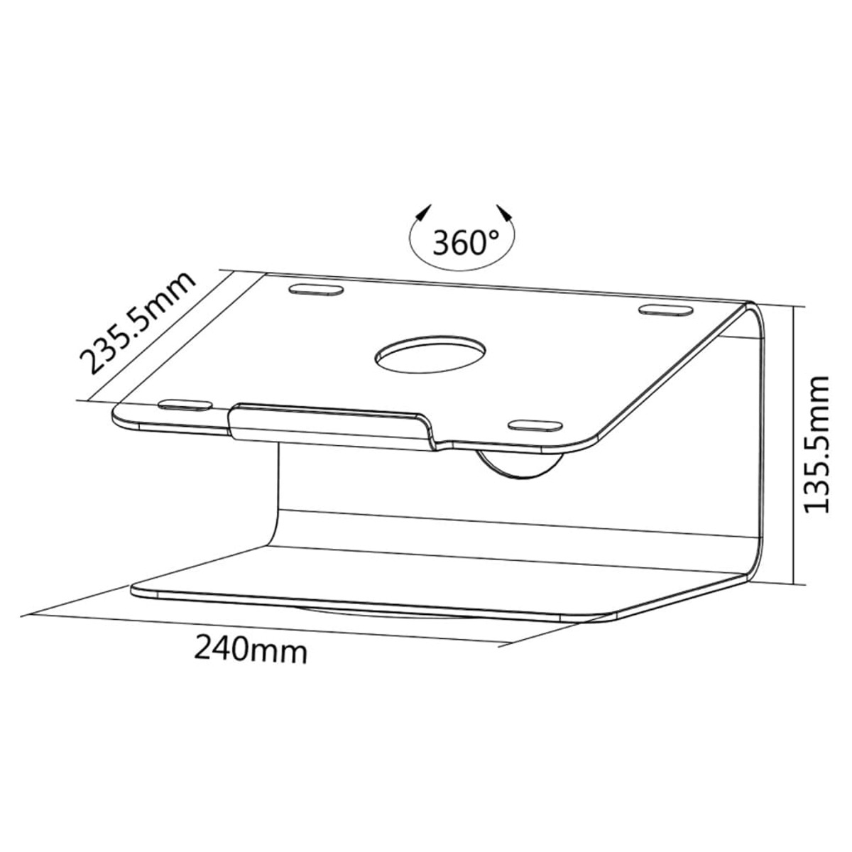 Un supporto bianco per laptop con dimensioni 235,5 mm, 135,5 mm e 240 mm.