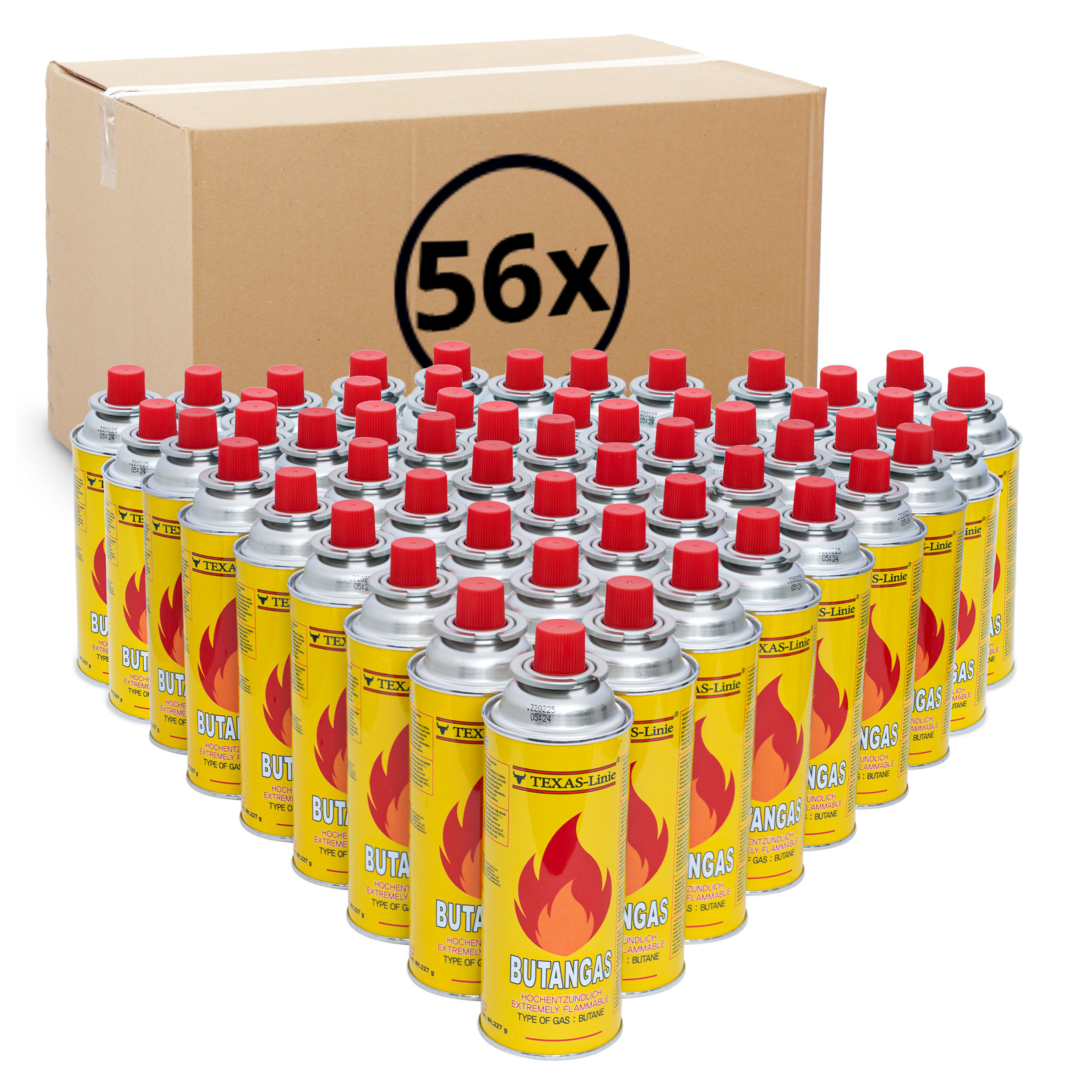 Eine Schachtel mit 56 Butangas-Kanistern, jeweils mit roter Kappe und gelbem Körper mit Flammengrafik.