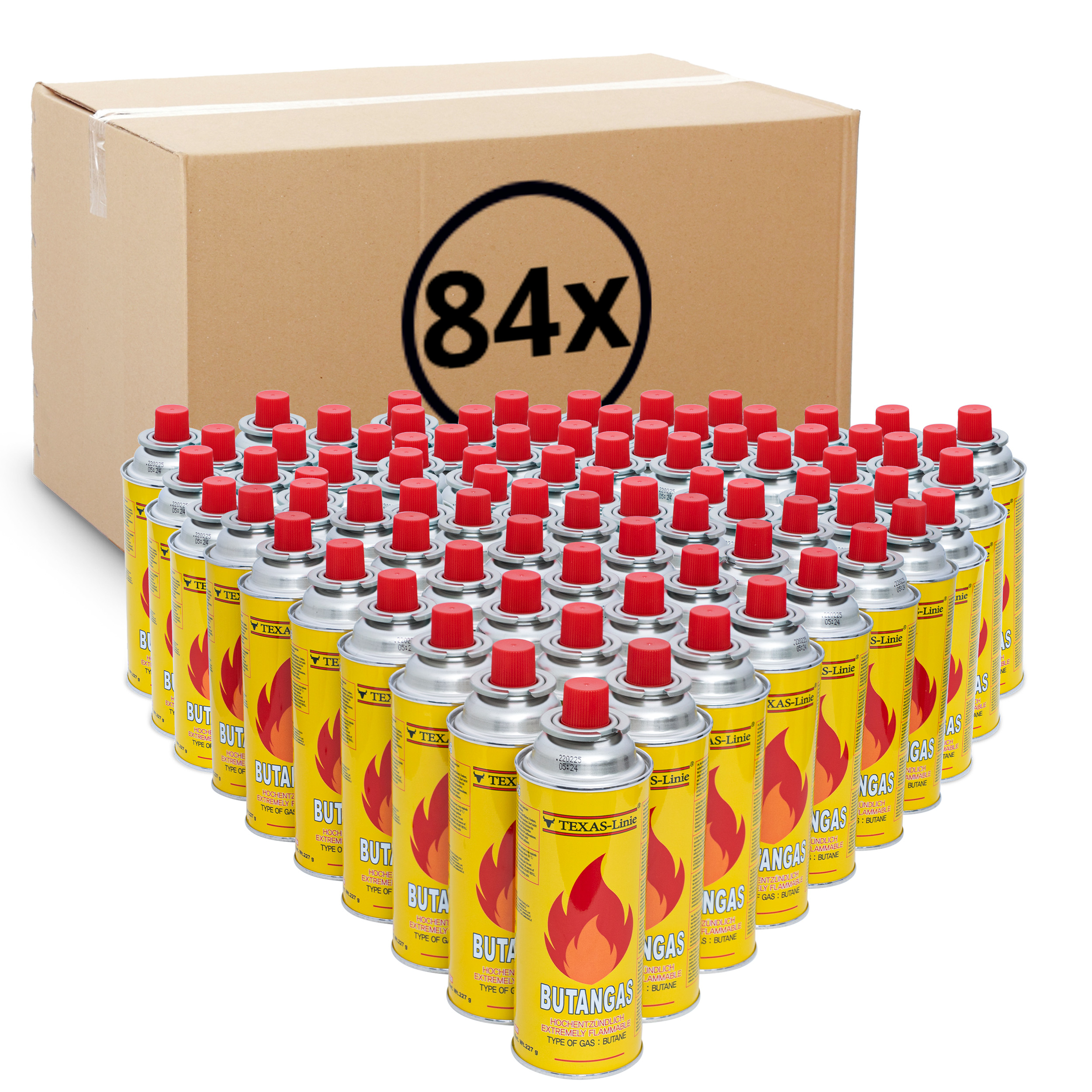 Karton mit 84 Butangas-Kanistern. Weißer Hintergrund.