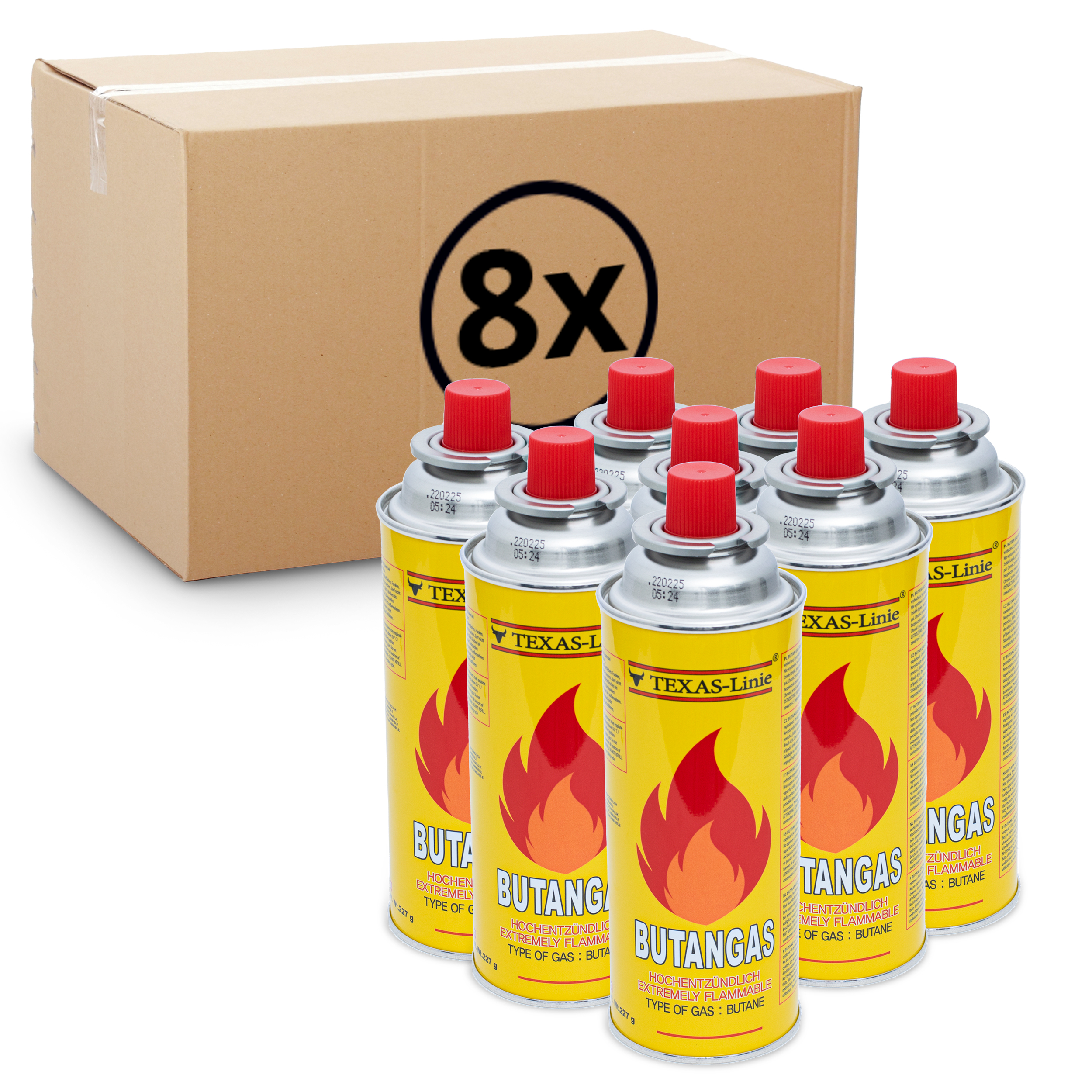 Acht gelbe Butangas-Kanister stehen vor einem Pappkarton. Sie haben jeweils einen roten Deckel.