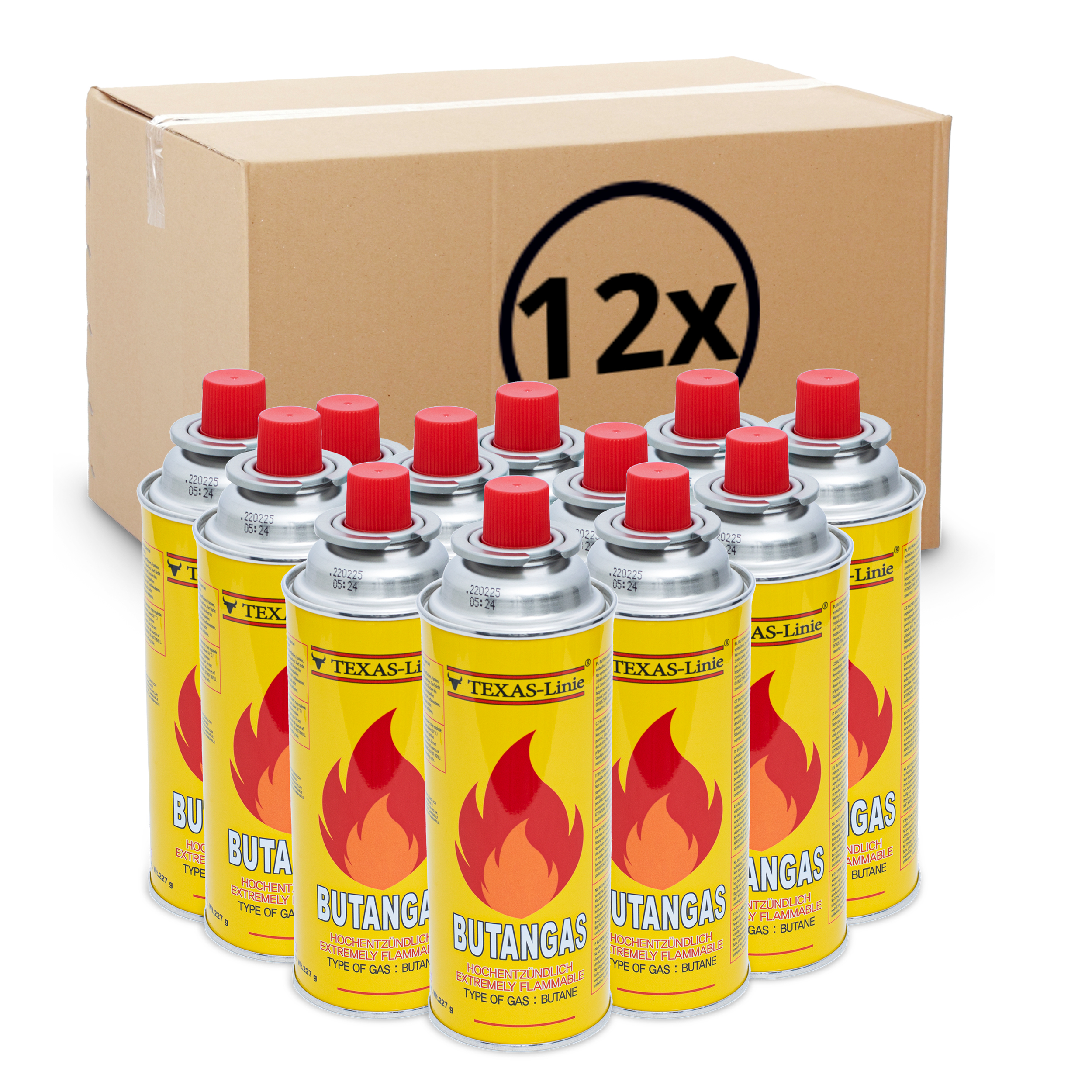 Eine Box mit 12 Butangas-Dosen mit roten Deckeln und gelben Etiketten.