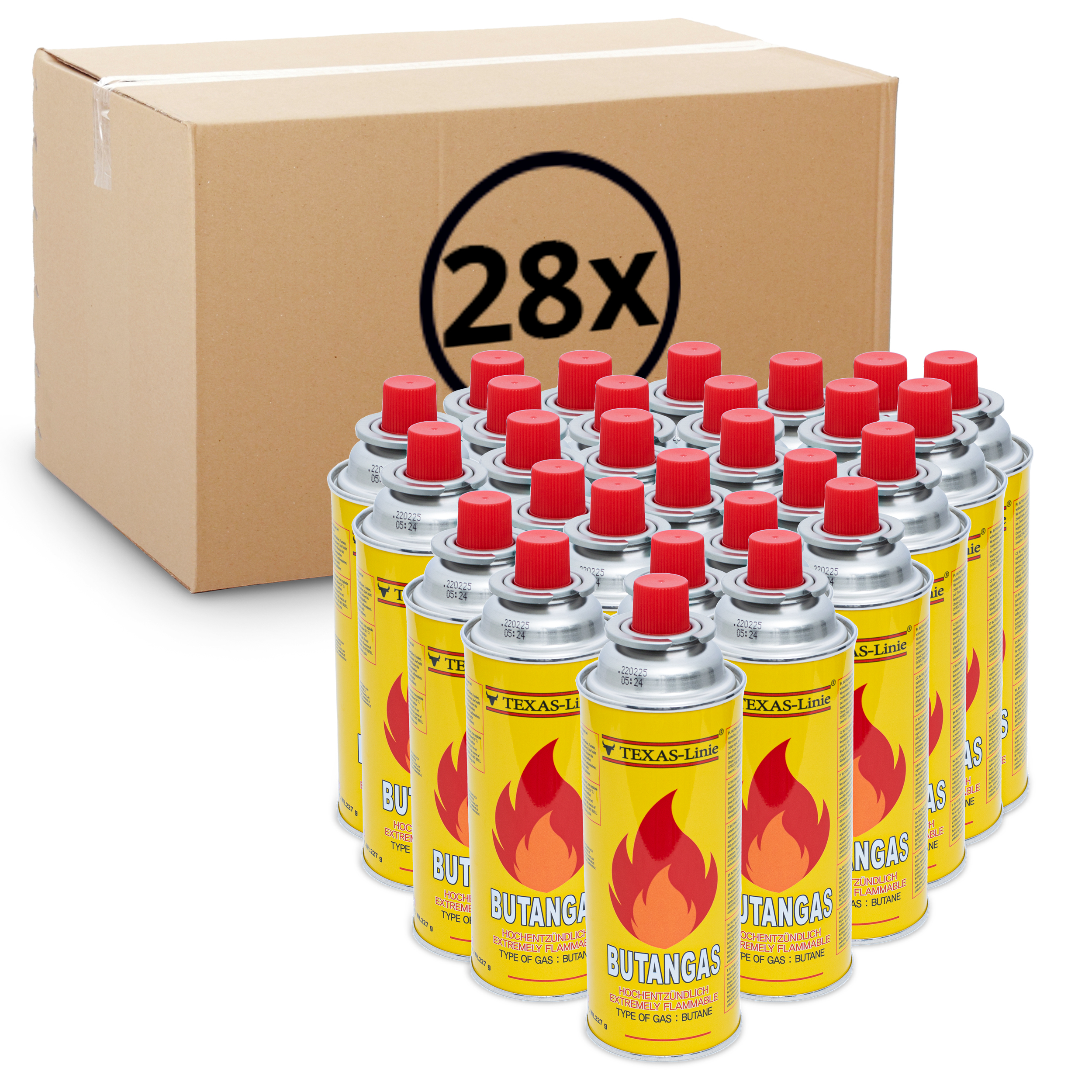 Eine Schachtel mit 28 Butangasdosen.