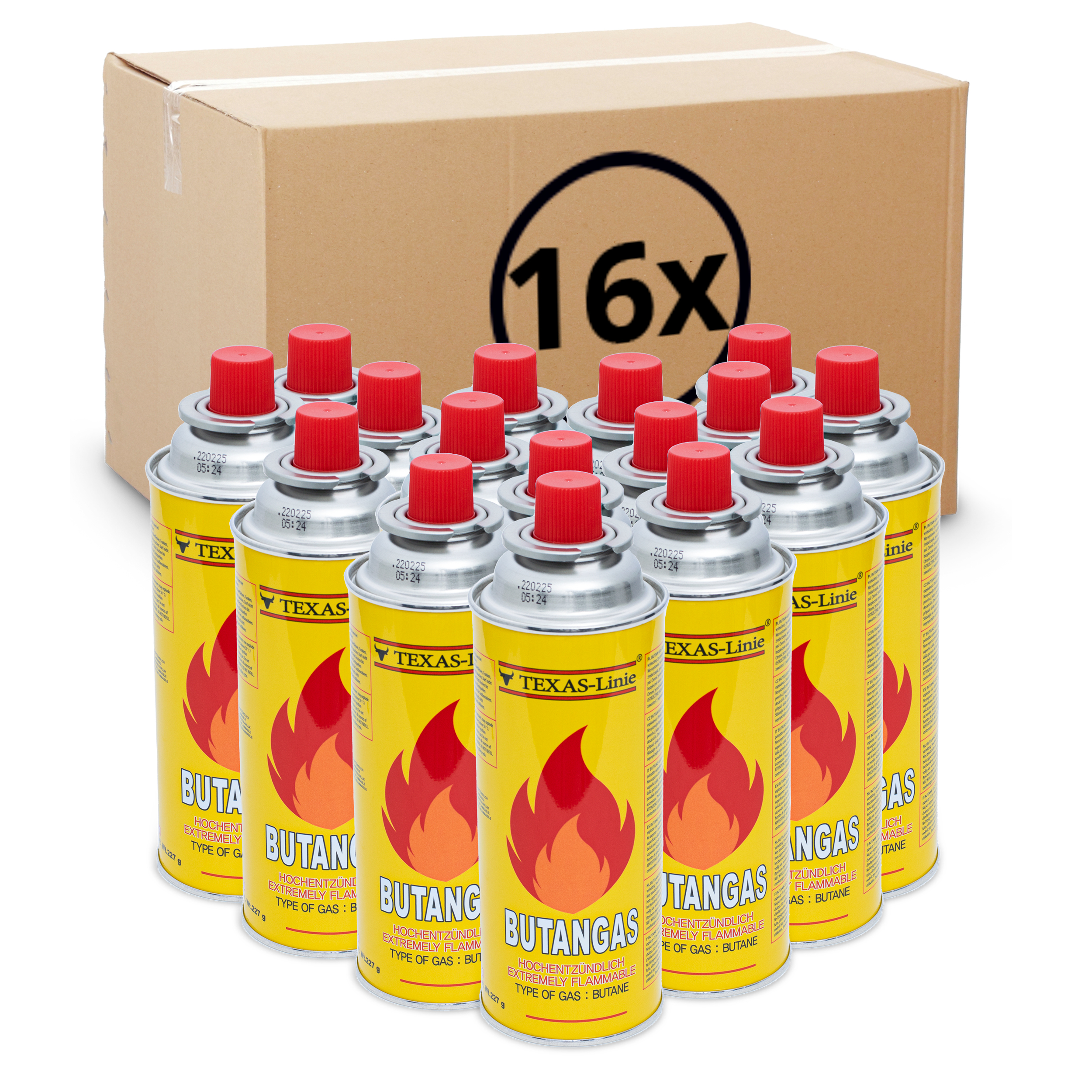 Eine Box mit 16 Butangasdosen. Gelbe Dosen mit roten Deckeln und Flammen.