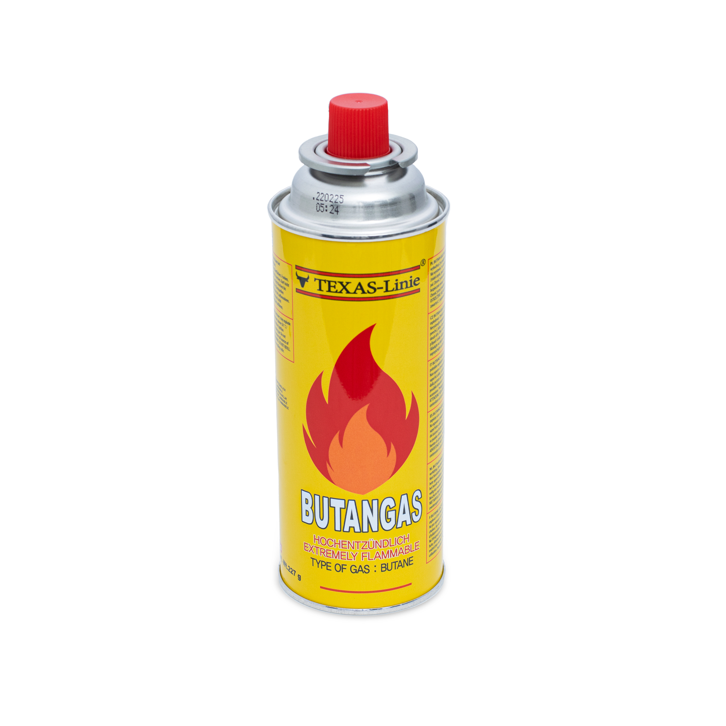 Gelbe Butangasdose mit rotem Deckel und Flammengrafik, weißer Hintergrund.
