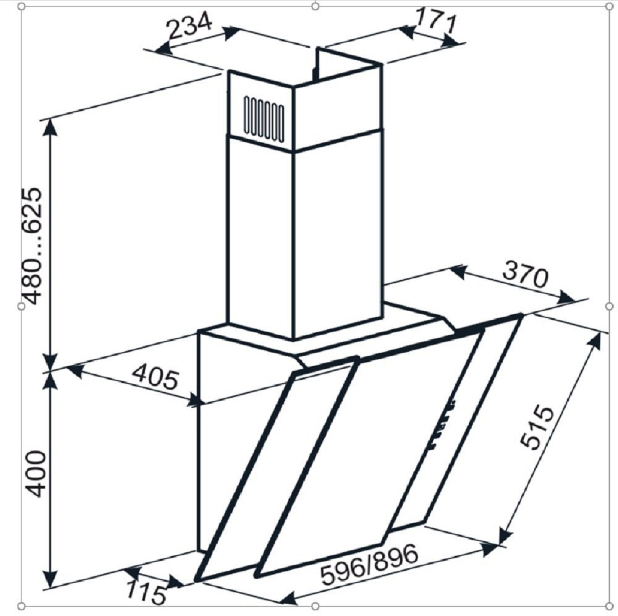 Diagramm einer Küchenhaube mit in Millimetern beschrifteten Abmessungen.