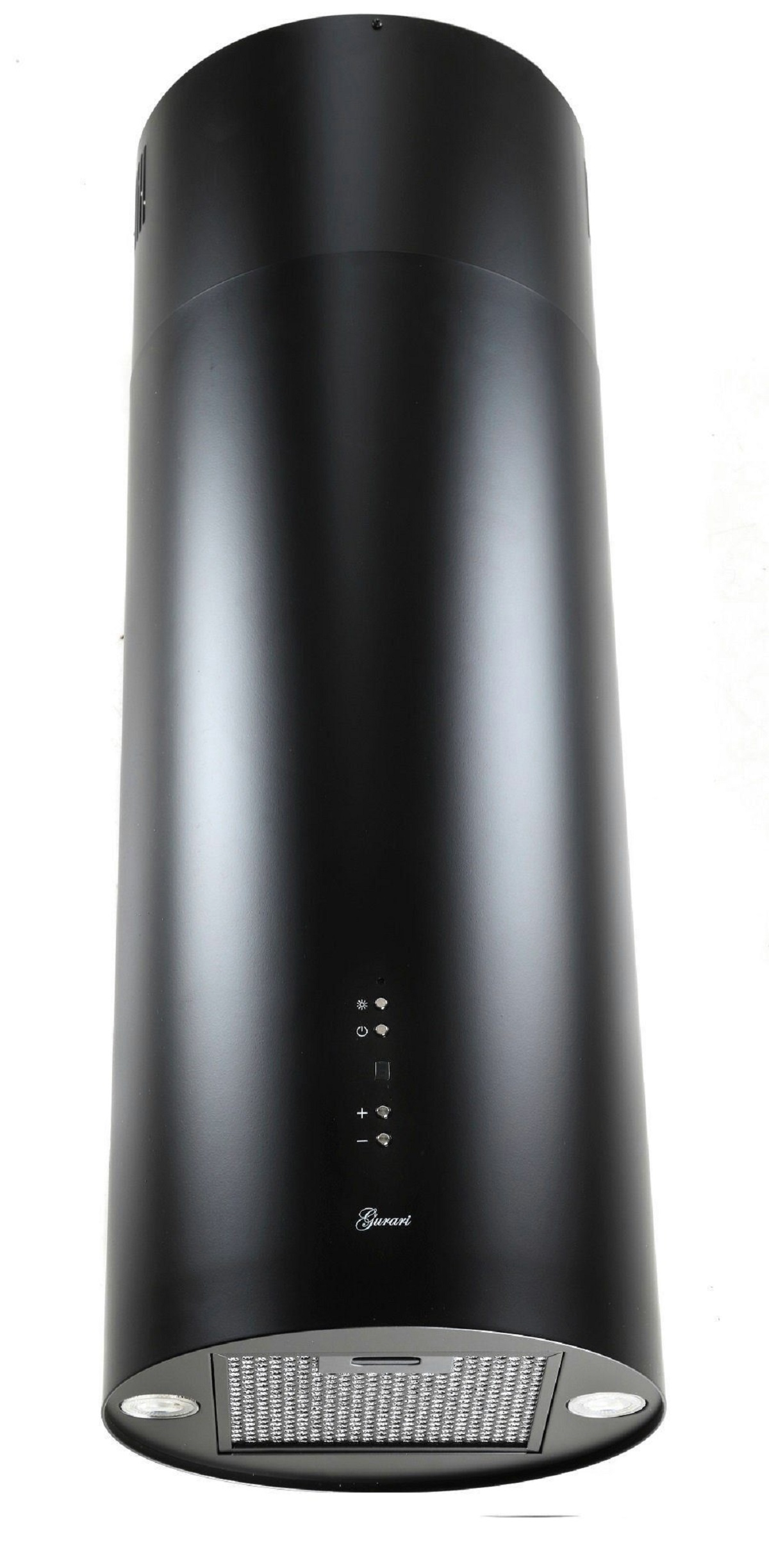 Eine hohe, schwarze, zylindrische Küchenhaube. Sie hat unten einen rechteckigen Lüfter und eine Bedienleiste an der Vorderseite.