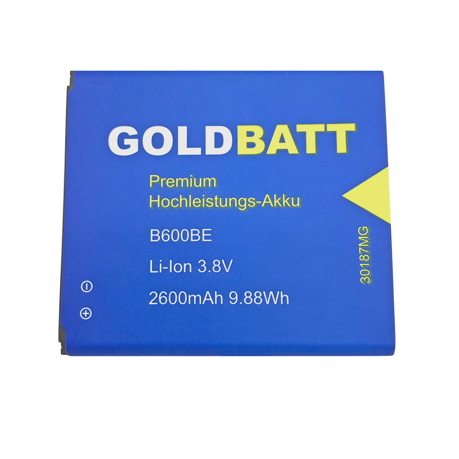 Blaue Batterie mit weißem Text und gelbem Dreieck.