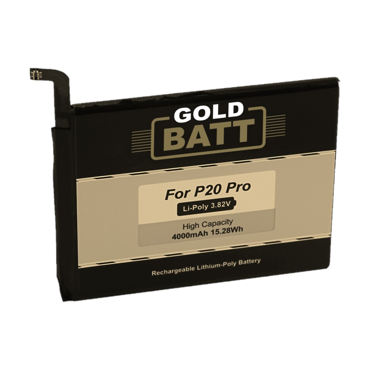 Schwarzer Akku mit weißem Etikett. Es steht 'GOLD BATT' und 'For P20 Pro' darauf.
