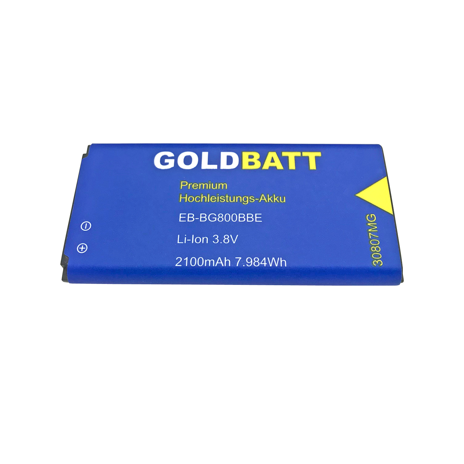 Blaue Goldbatt-Batterie, weißer Hintergrund. Texte: Premium, Hochleistungs-Akku, EB-BG800BBE, Li-ion 3,8 V, 2100 mAh.