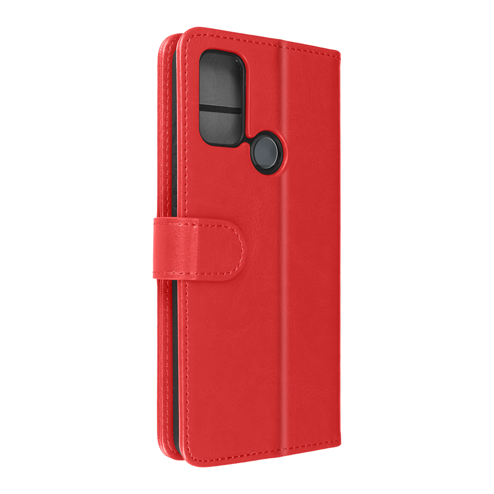 Rote Handyhülle mit Klappe und Knopf.