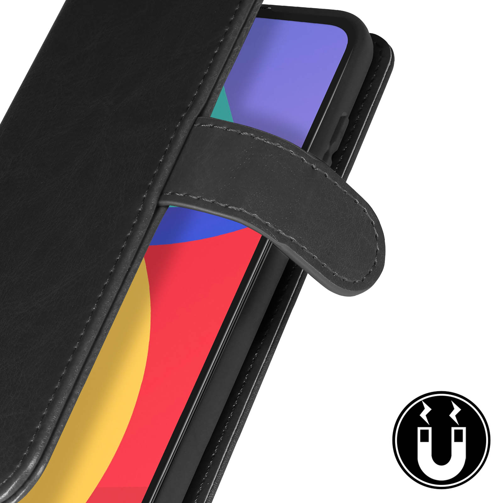 Schwarze Handyhülle mit Telefon. Das Telefon hat ein farbenfrohes Display. Magnetsymbol.