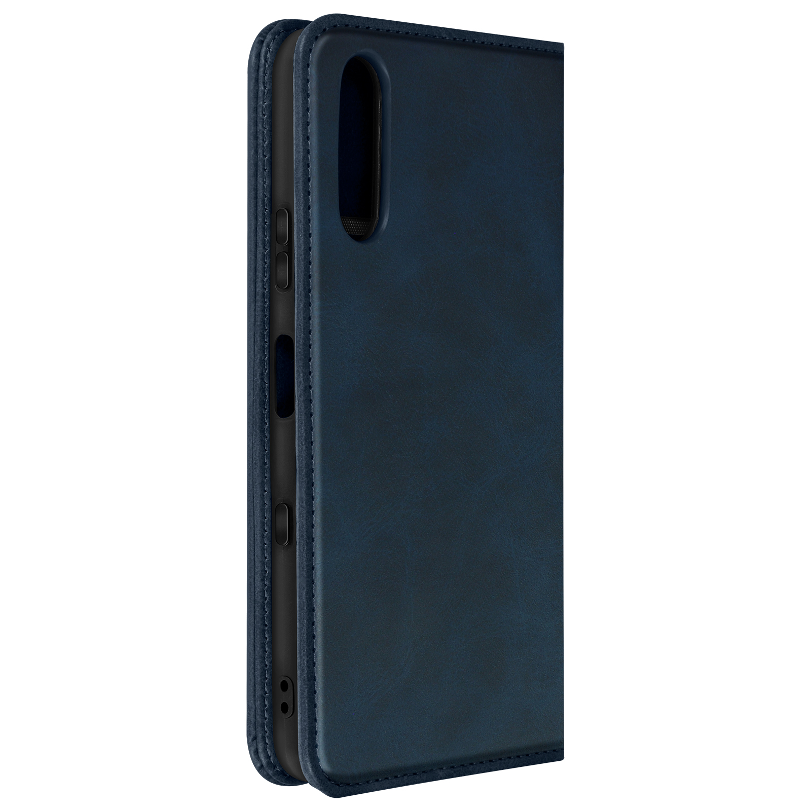 Custodia per telefono in pelle blu, chiusa, orientamento verticale. Il lato con i pulsanti è visibile.