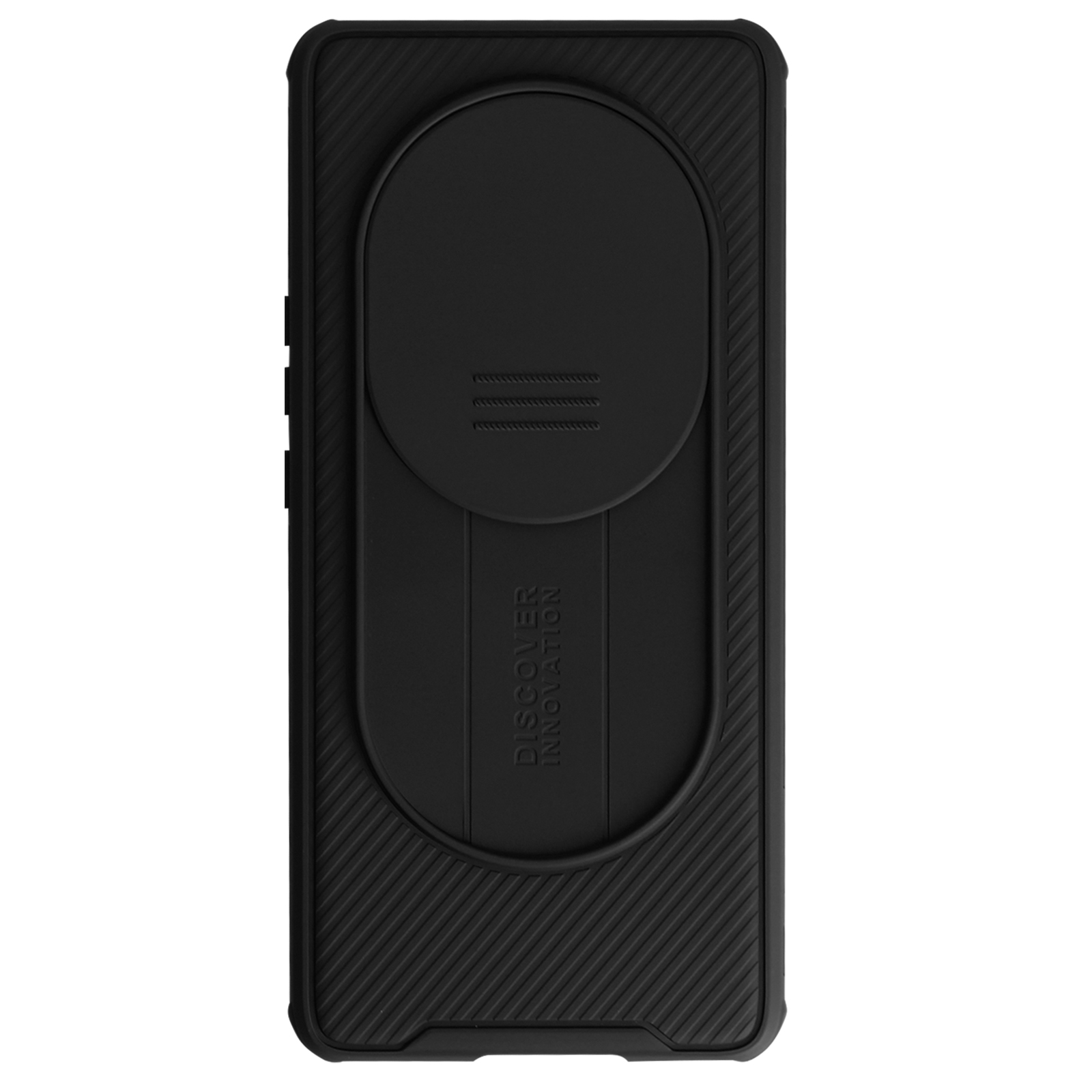 Custodia per telefono nera con copertura scorrevole per la fotocamera. Sfondo bianco.